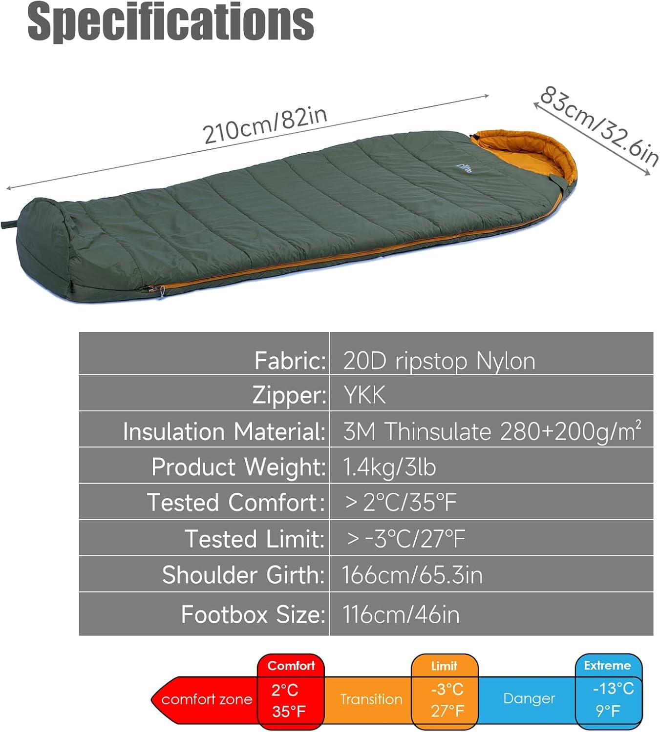 image:imageiClimb 3M Thinsulate Insulation Mummy Sleeping Bag with Compression Sack Ultralight Compact Warm Washable for Adults Indoor Outdoor Backpacking Camping HikingGreen
