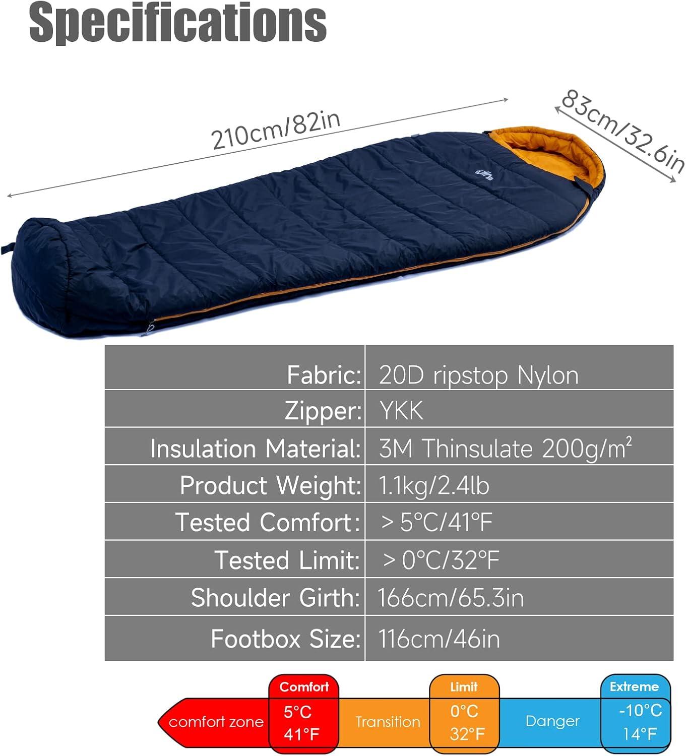 image:imageiClimb 3M Thinsulate Insulation Mummy Sleeping Bag with Compression Sack Ultralight Compact Warm Washable for Adults Indoor Outdoor Backpacking Camping HikingBlack