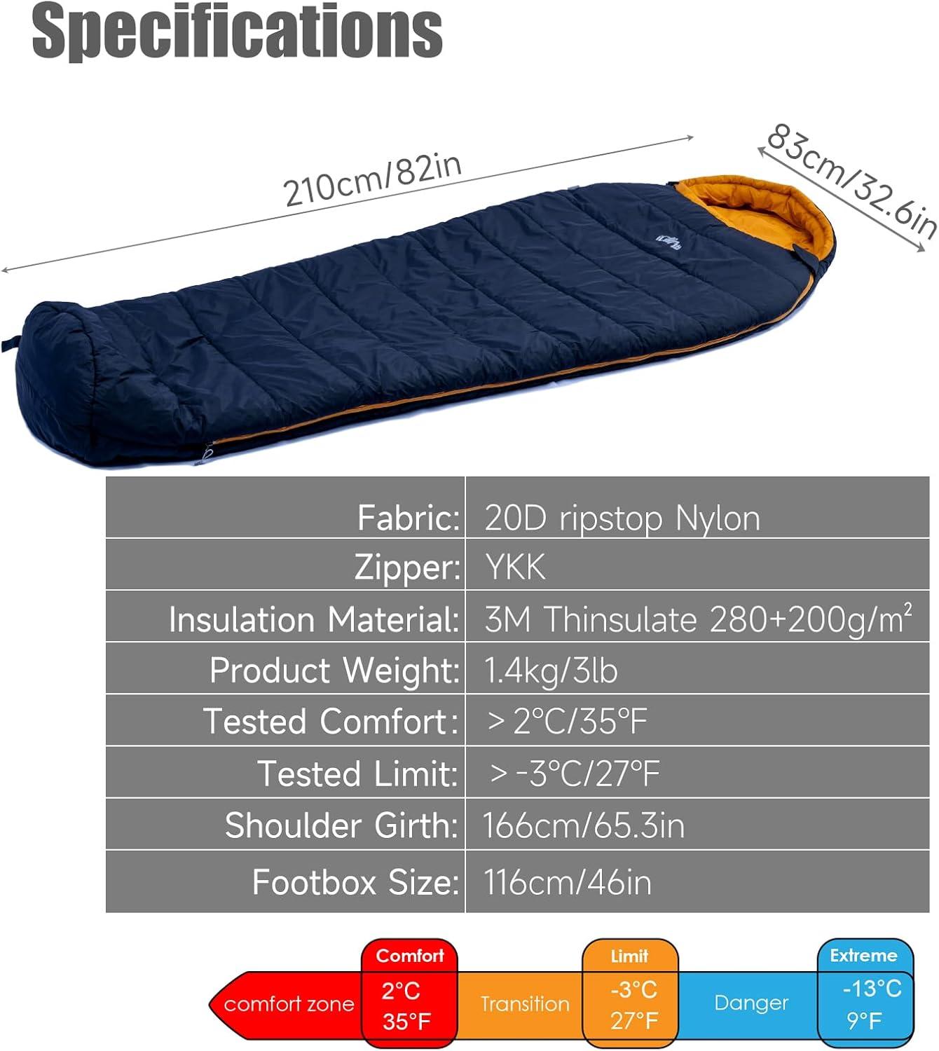 image:imageiClimb 3M Thinsulate Insulation Mummy Sleeping Bag with Compression Sack Ultralight Compact Warm Washable for Adults Indoor Outdoor Backpacking Camping HikingBlack