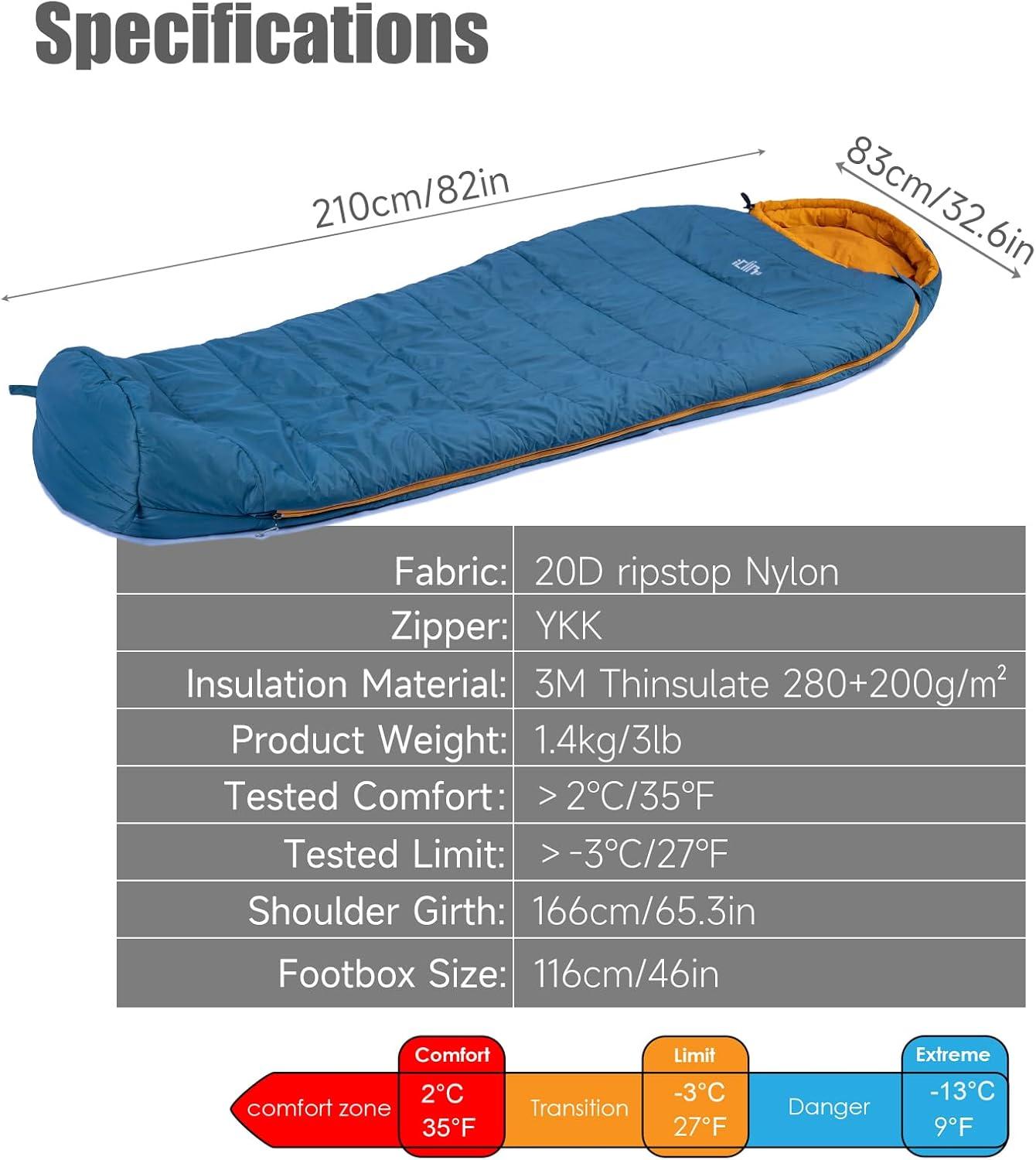 image:imageiClimb 3M Thinsulate Insulation Mummy Sleeping Bag with Compression Sack Ultralight Compact Warm Washable for Adults Indoor Outdoor Backpacking Camping HikingBlue