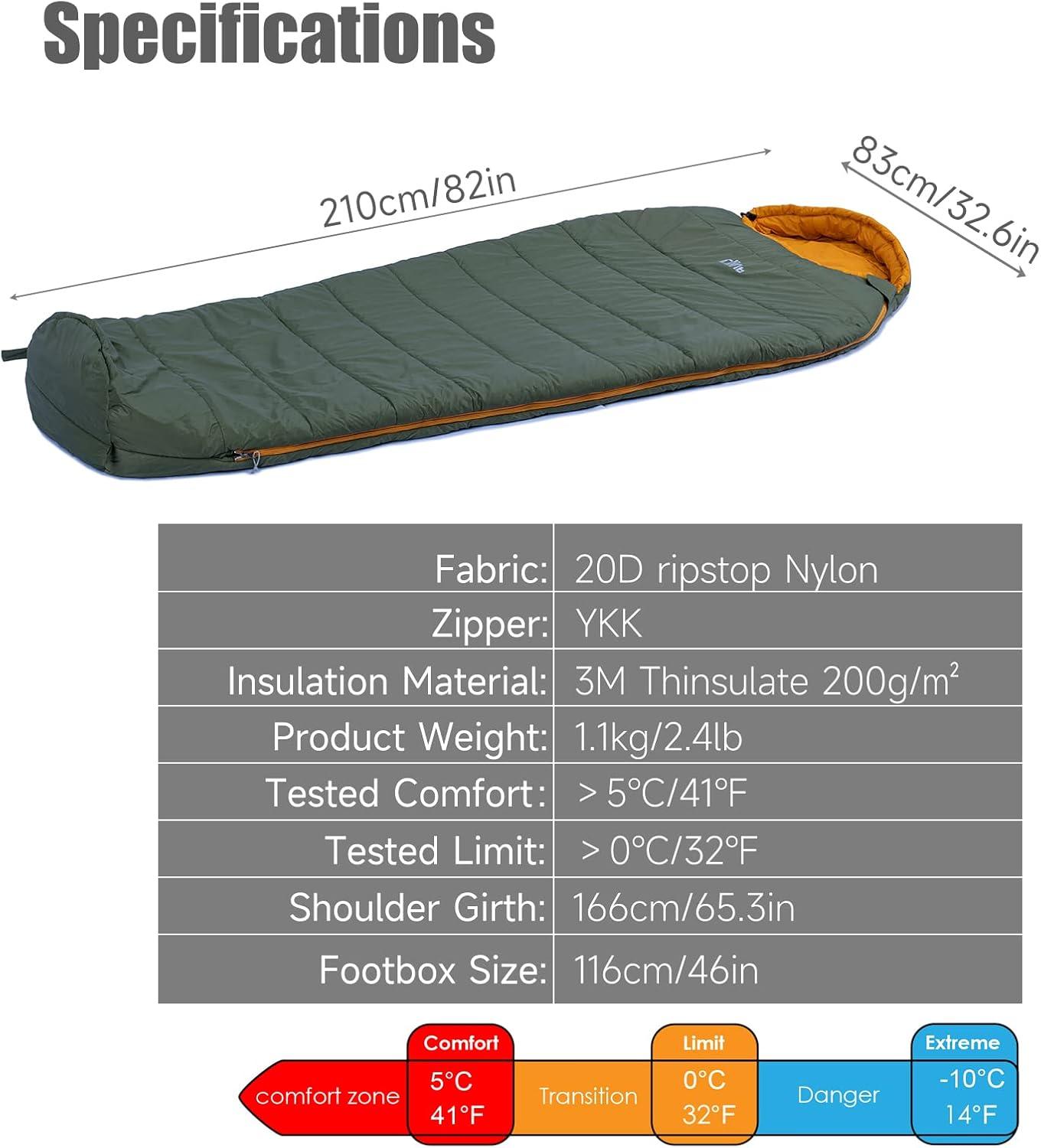 image:imageiClimb 3M Thinsulate Insulation Mummy Sleeping Bag with Compression Sack Ultralight Compact Warm Washable for Adults Indoor Outdoor Backpacking Camping HikingGreen