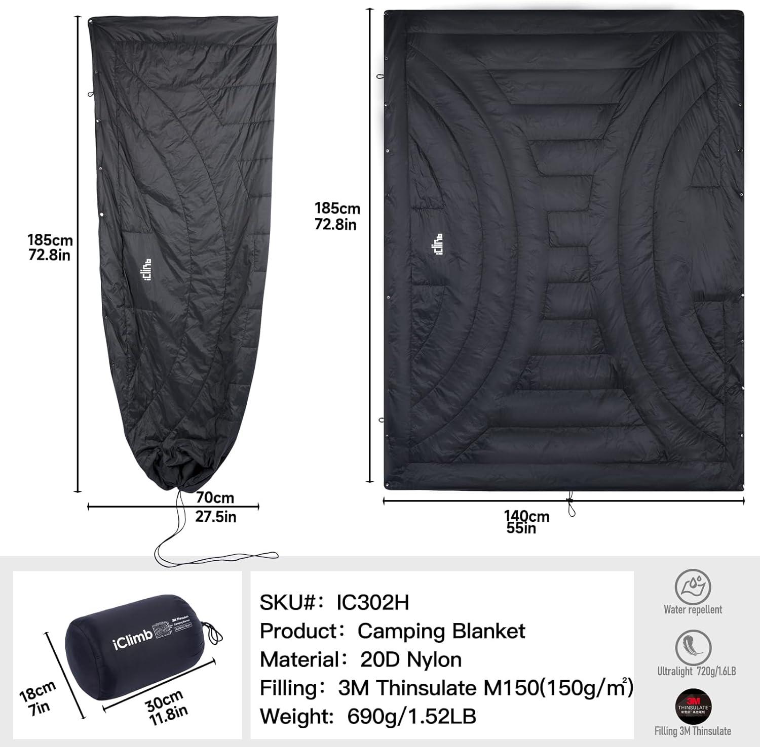 image:imageiClimb 3M Thinsulate Insulation Warm Camping Blanket Ultralight CompactBlack