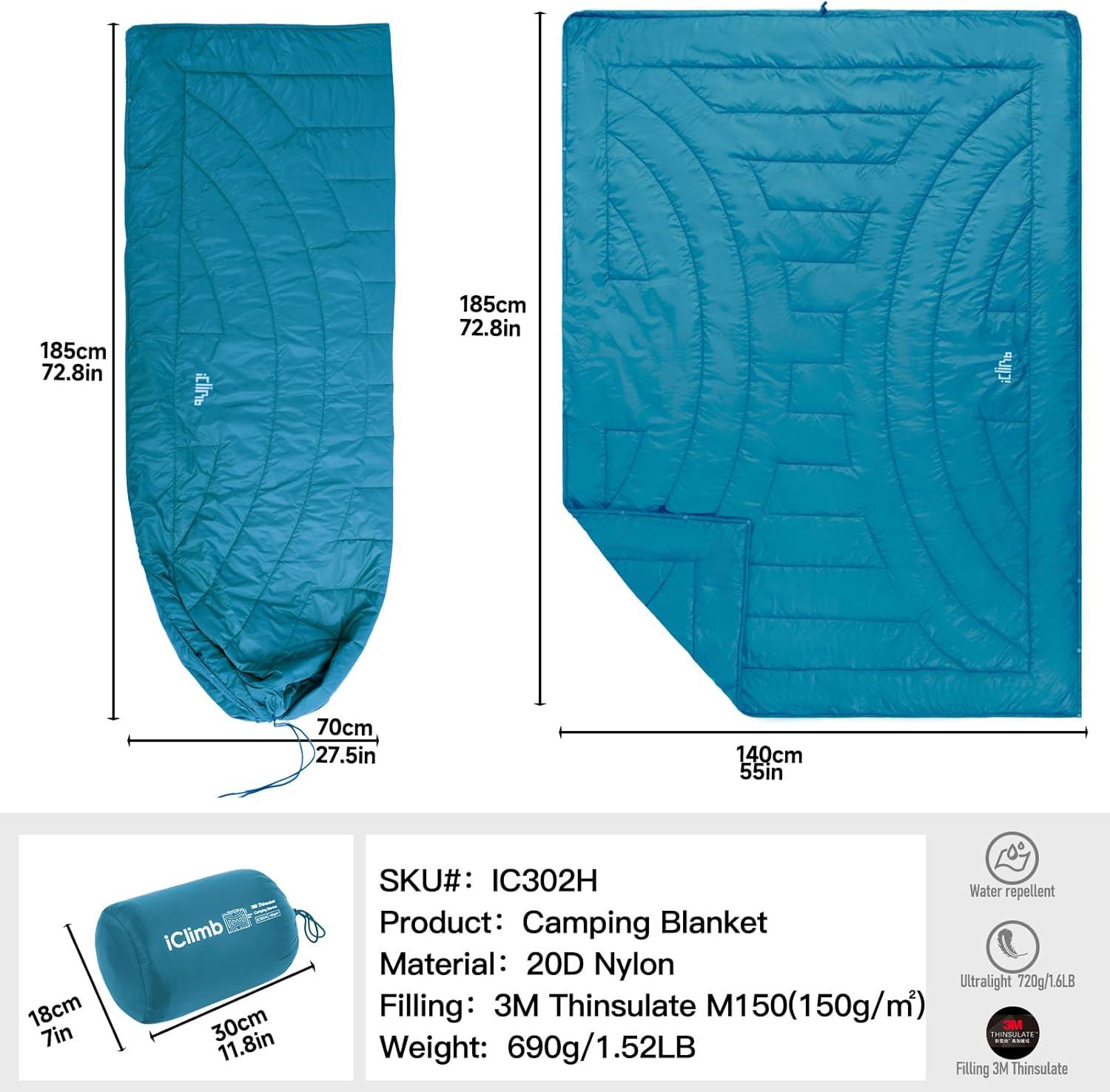 image:imageiClimb 3M Thinsulate Insulation Warm Camping Blanket Ultralight CompactBlue