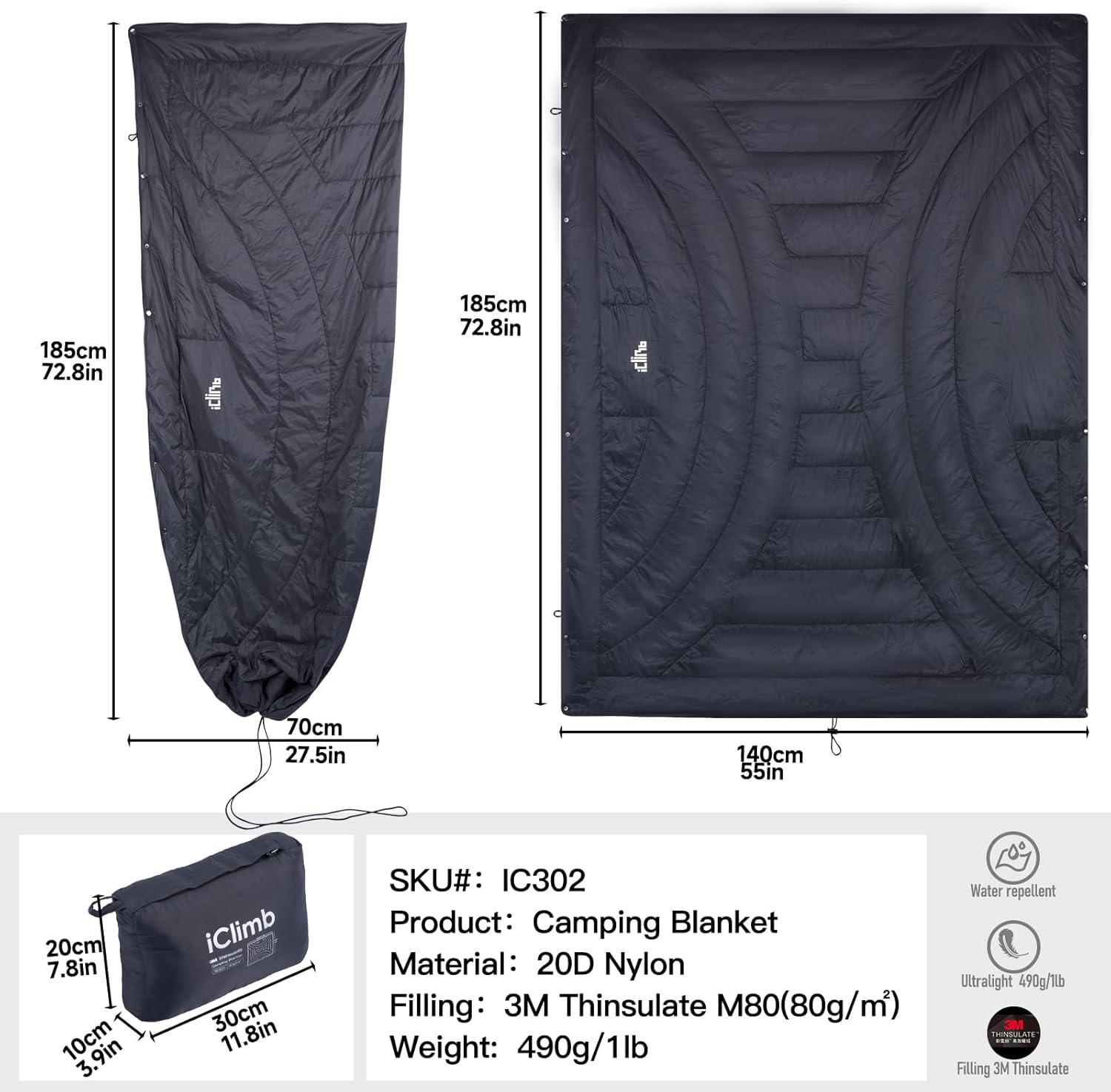 image:imageiClimb 3M Thinsulate Insulation Warm Camping Blanket Ultralight CompactBlue