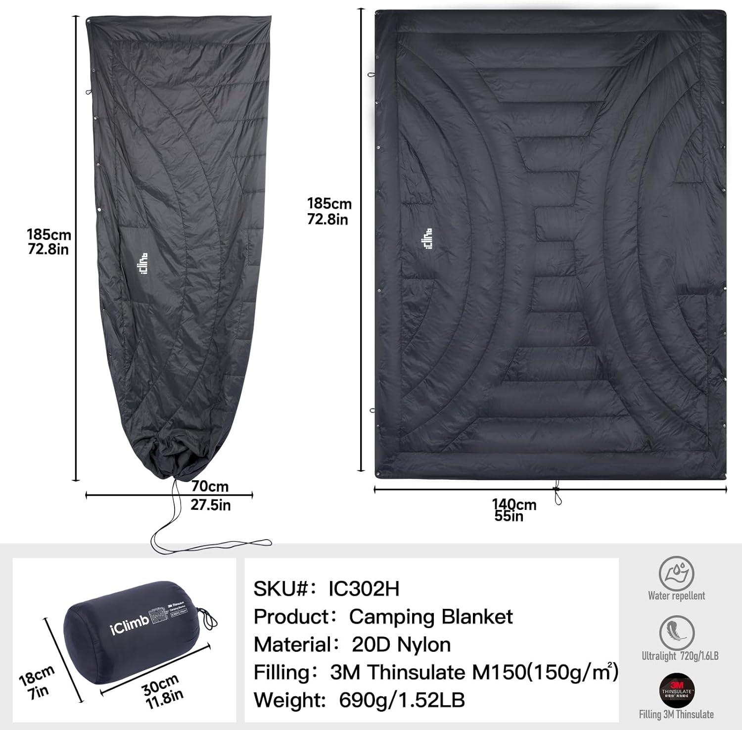 image:imageiClimb 3M Thinsulate Insulation Warm Camping Blanket Ultralight CompactDark Grey