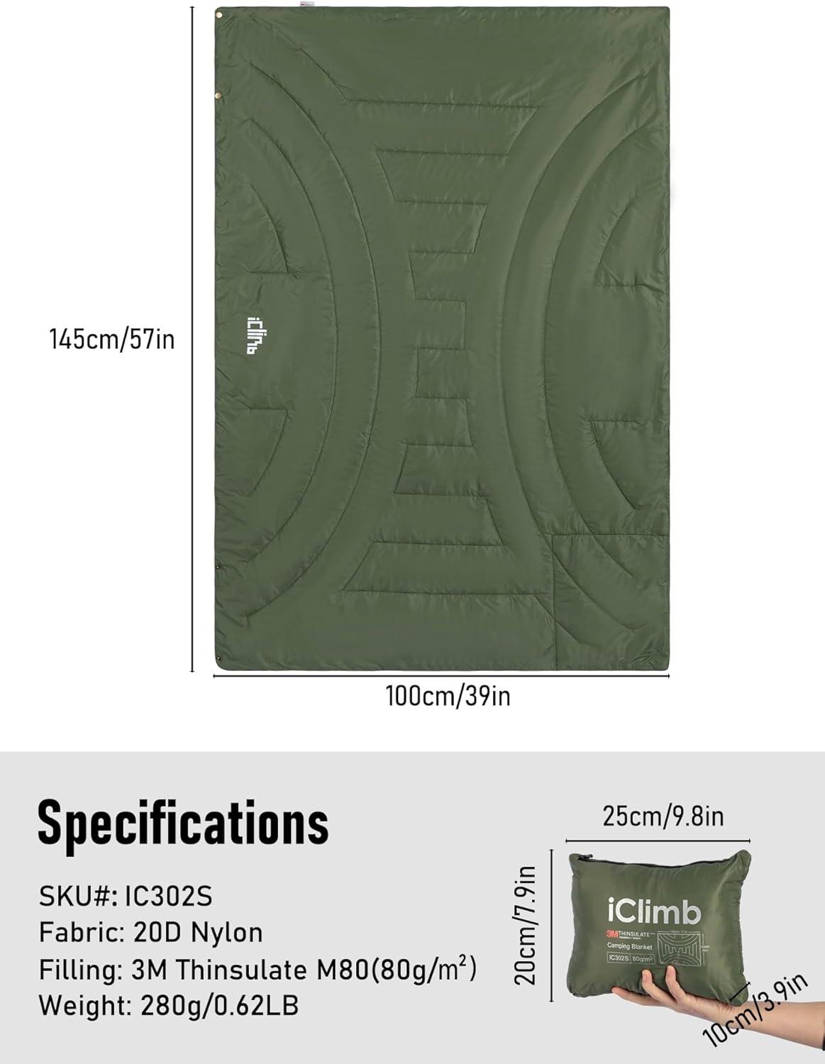 image:imageiClimb 3M Thinsulate Insulation Warm Camping Blanket Ultralight CompactGreen