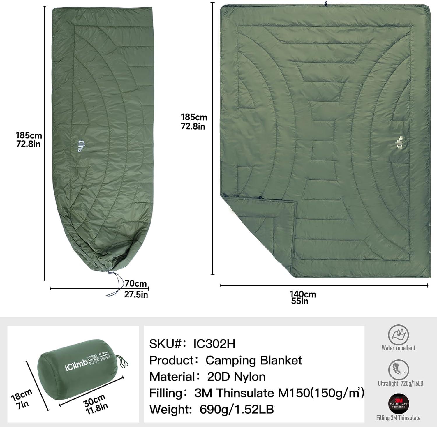 image:imageiClimb 3M Thinsulate Insulation Warm Camping Blanket Ultralight CompactGreen