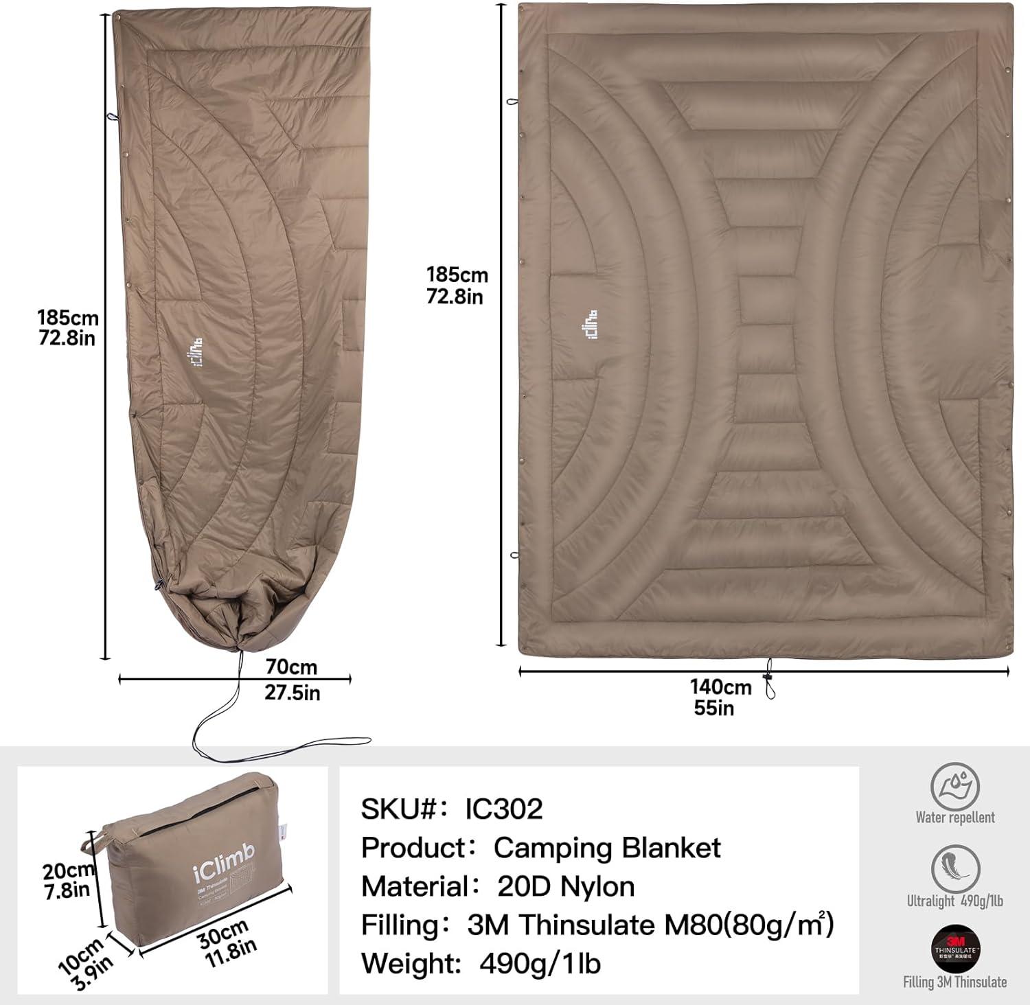 image:imageiClimb 3M Thinsulate Insulation Warm Camping Blanket Ultralight CompactKhaki