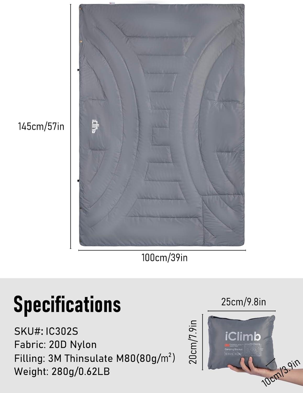 image:imageiClimb 3M Thinsulate Insulation Warm Camping Blanket Ultralight CompactLight Grey