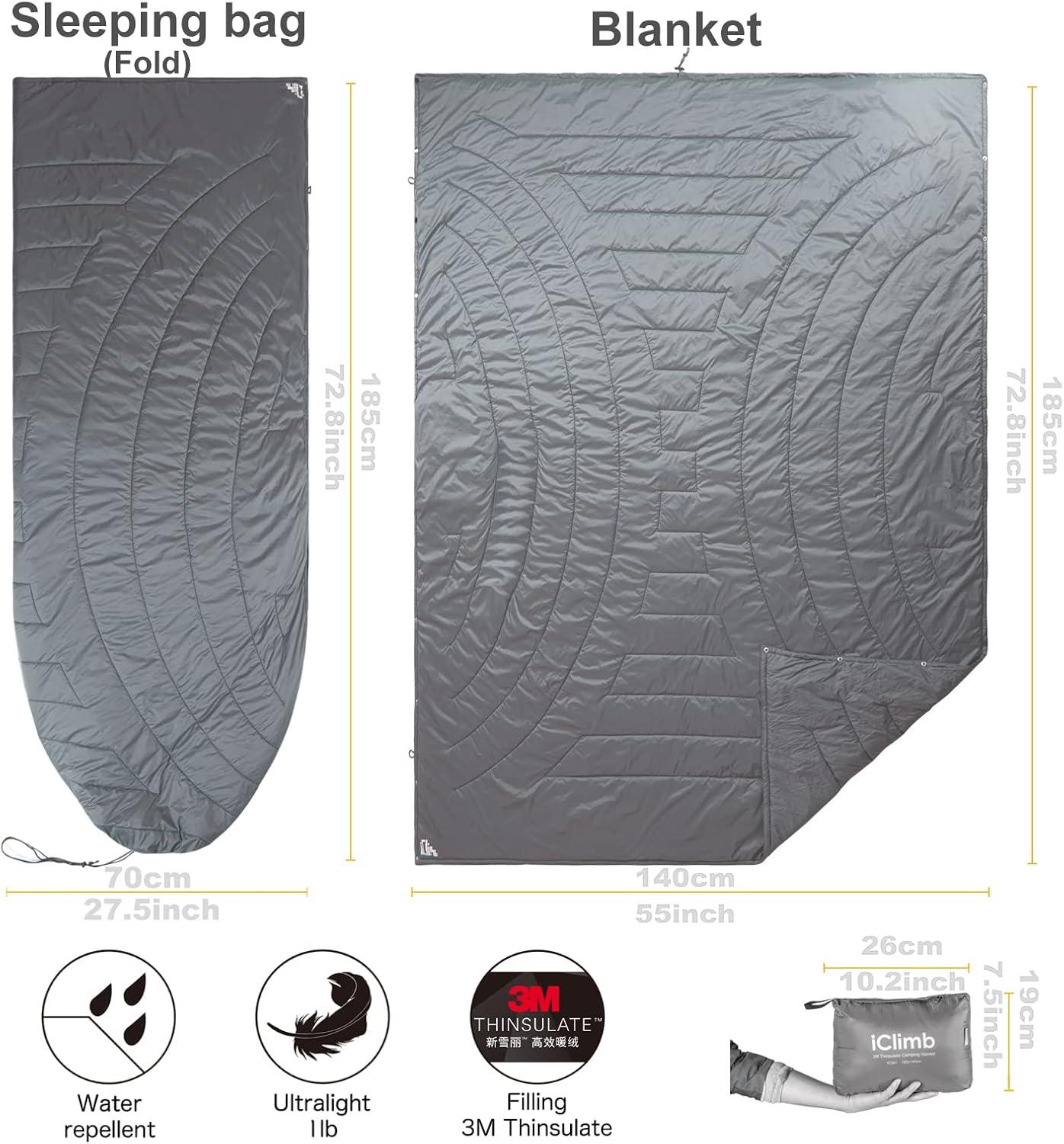 image:imageiClimb 3M Thinsulate Insulation Warm Camping Blanket Ultralight CompactLight Grey