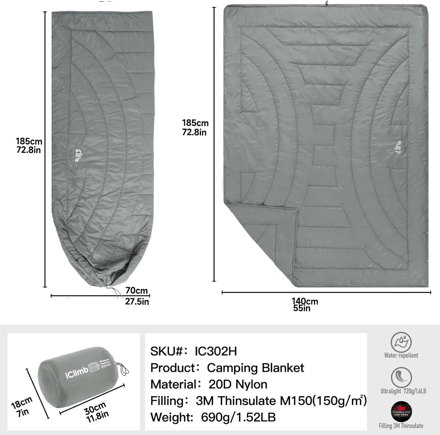 image:imageiClimb 3M Thinsulate Insulation Warm Camping Blanket Ultralight CompactLight Grey