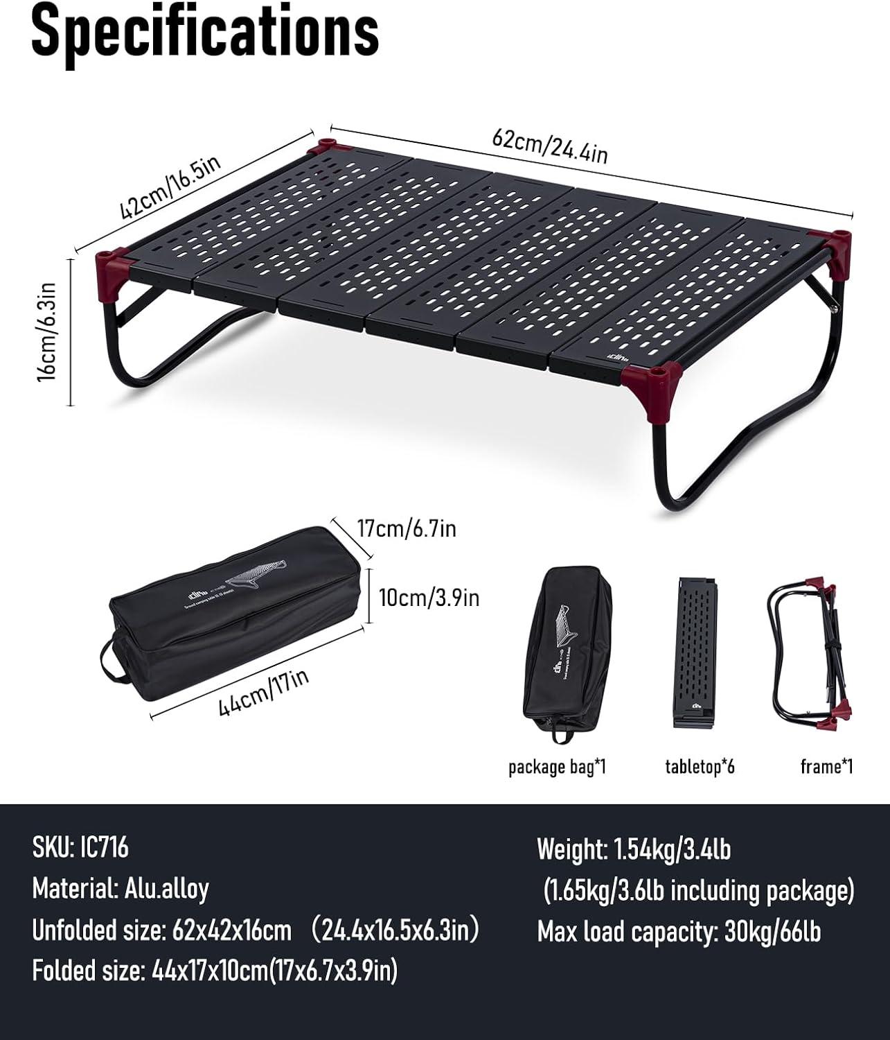 image:imageiClimb Extendable Folding Table Large Tabletop Area Ultralight Compact with Hollow Out Tabletop and Carry Bag for Camping Backpacking Beach Concert BBQ Party Three Size Black LBlack