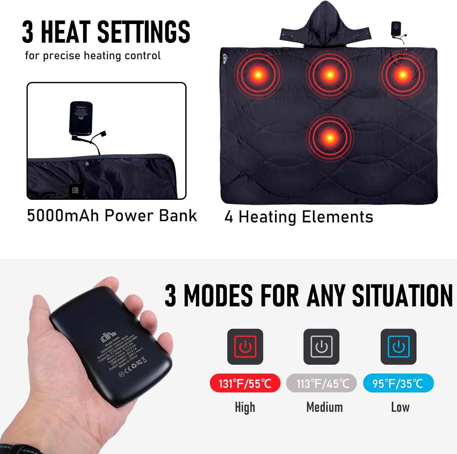 image:imageiClimb Heated Camping Blanket with Hood and 5V 5000mAH Battery Pack GreenBlack