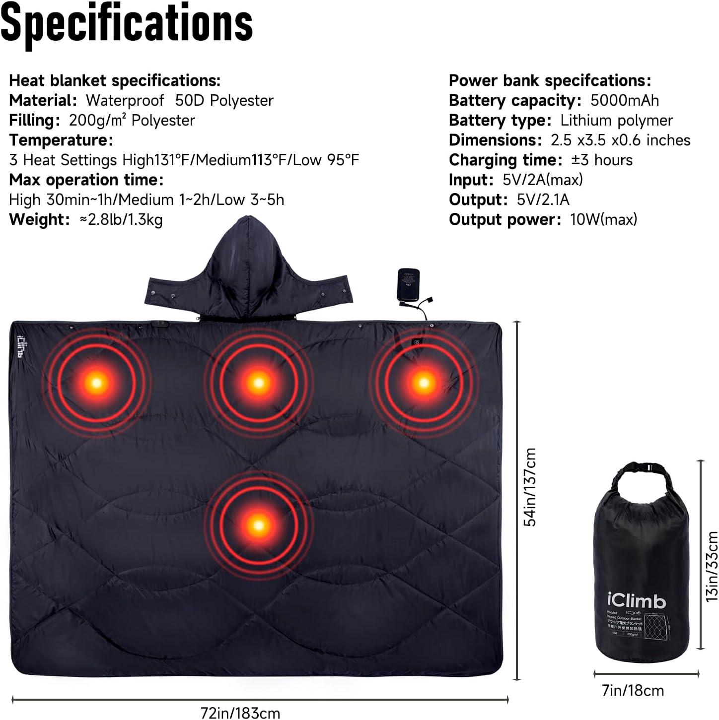 image:imageiClimb Heated Camping Blanket with Hood and 5V 5000mAH Battery Pack GreenBlack