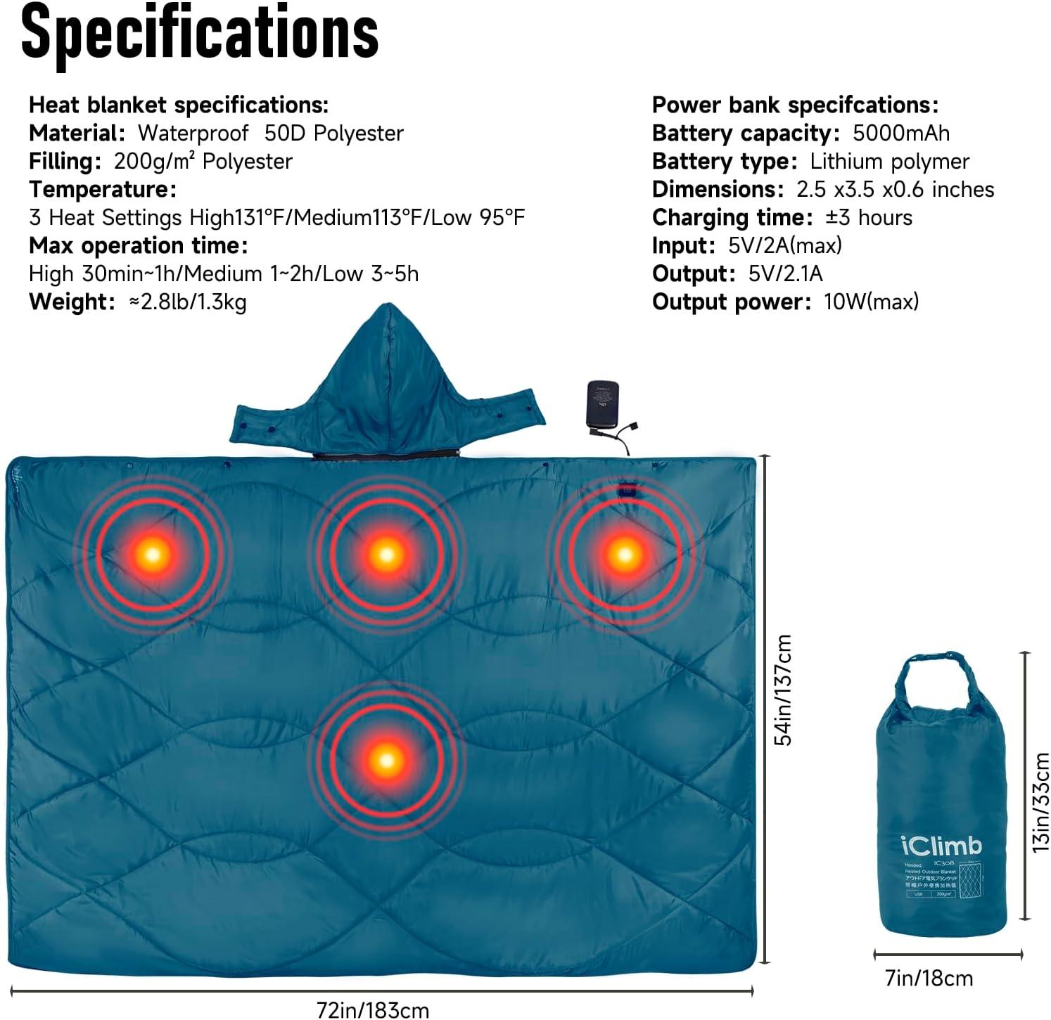 image:imageiClimb Heated Camping Blanket with Hood and 5V 5000mAH Battery Pack GreenBlue