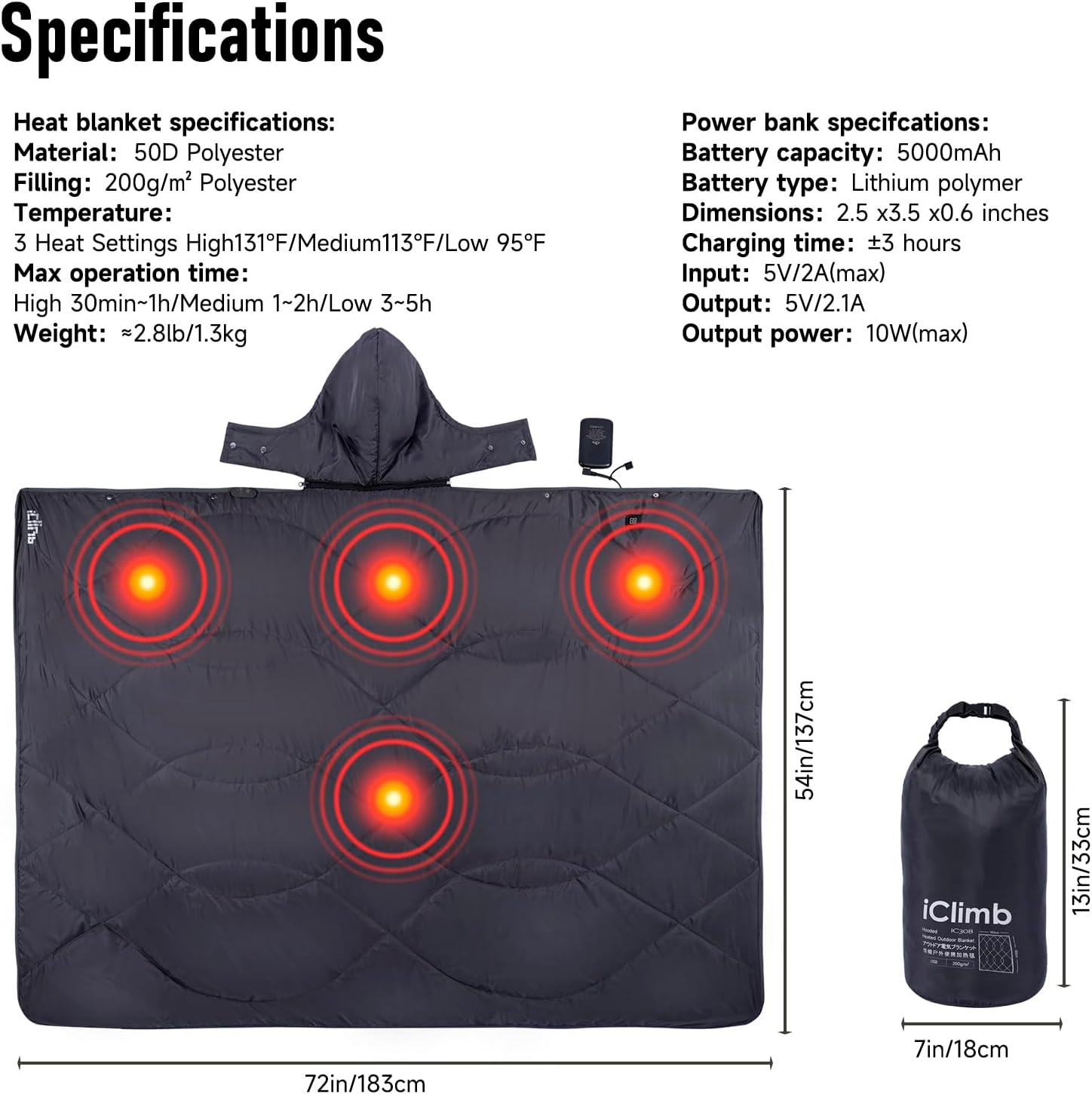 image:imageiClimb Heated Camping Blanket with Hood and 5V 5000mAH Battery Pack GreenDark Grey