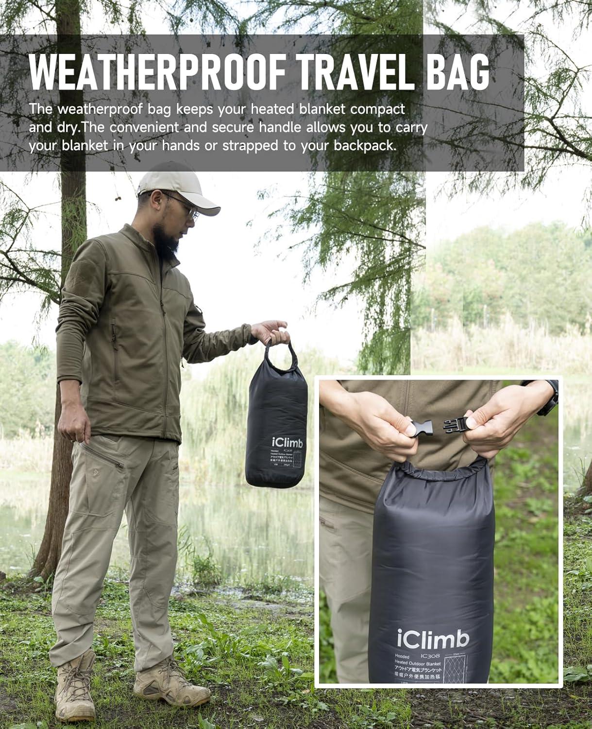 image:imageiClimb Heated Camping Blanket with Hood and 5V 5000mAH Battery Pack GreenDark Grey