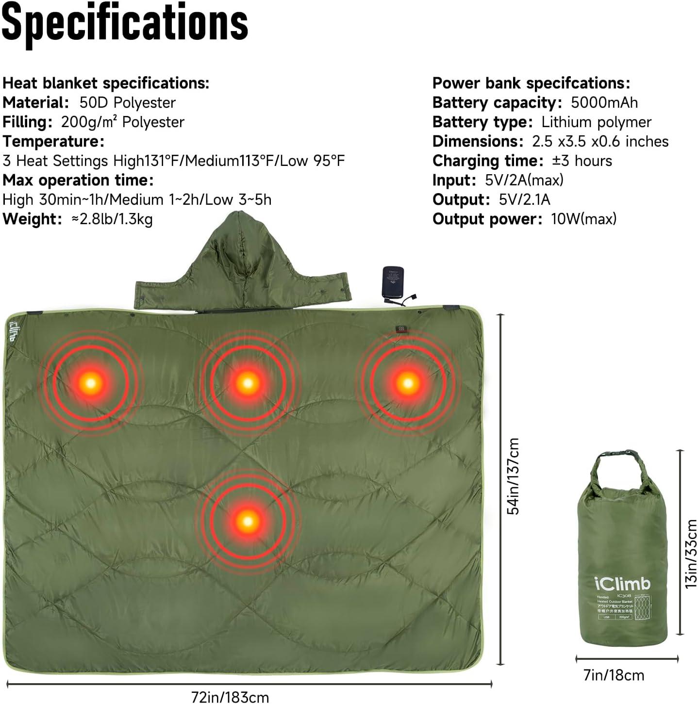 image:imageiClimb Heated Camping Blanket with Hood and 5V 5000mAH Battery Pack GreenGreen