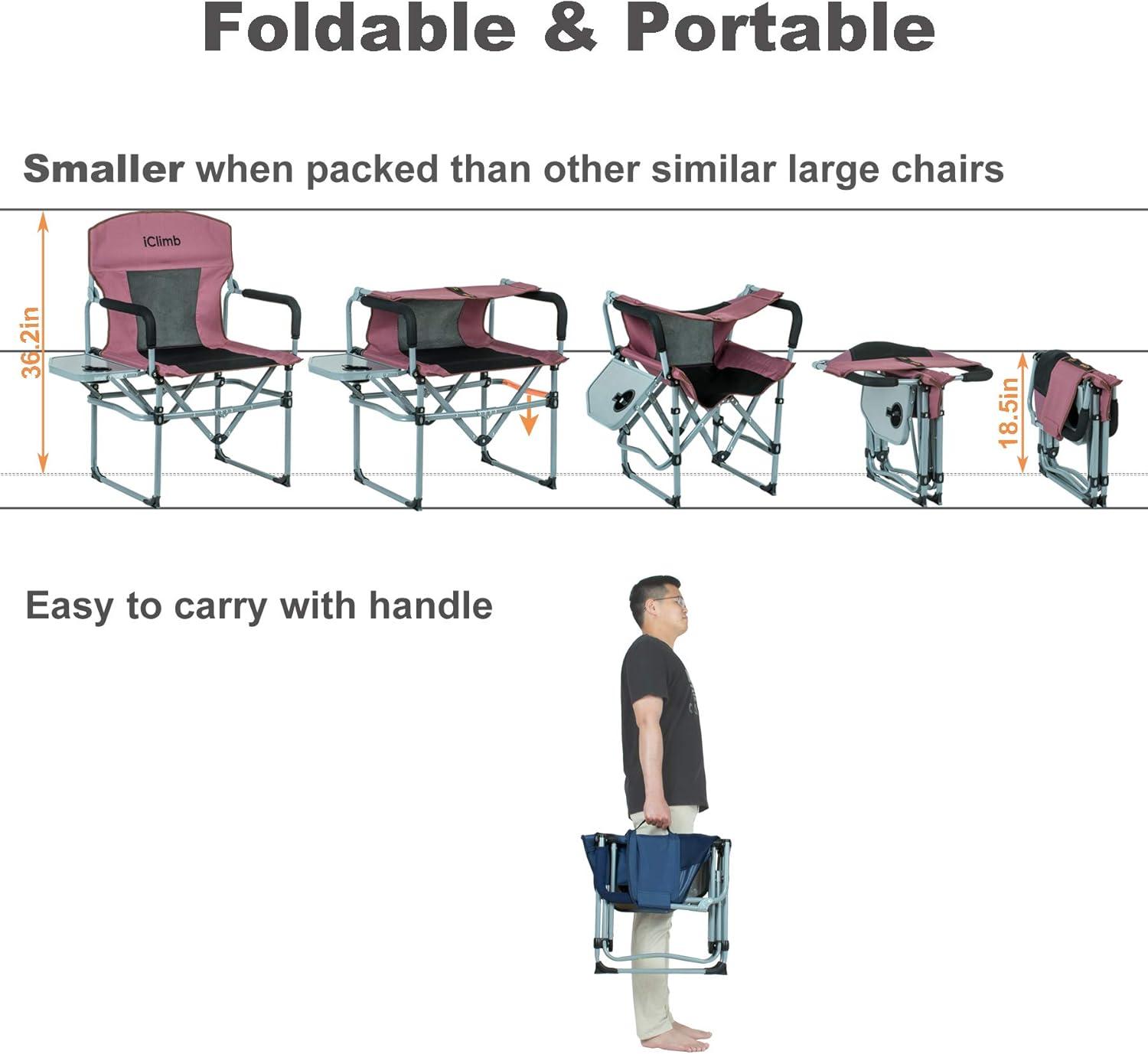 image:imageiClimb Heavy Duty Compact Camping Folding Mesh Chair with Side Table and HandleBlack 2pc