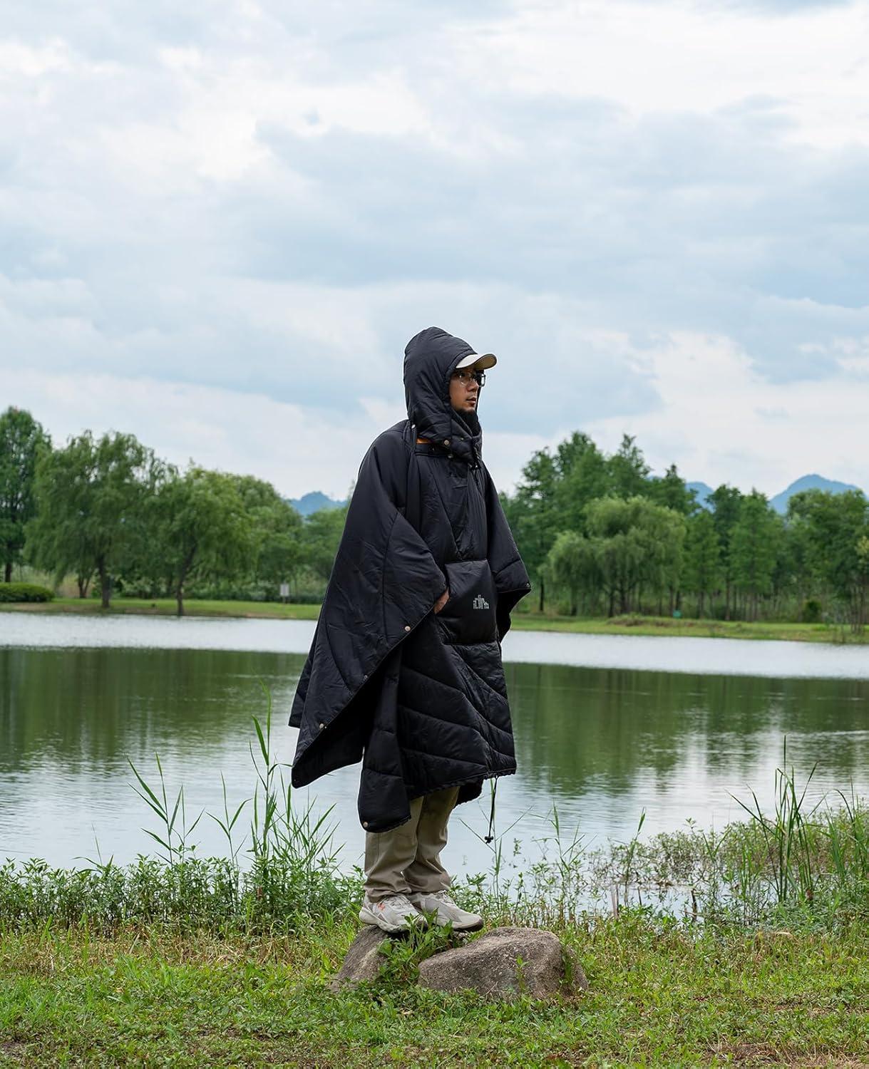 image:imageiClimb Hooded 3M Thinsulate Insulation Warm Camping Blanket Wearable Poncho Ultralight CompactBlack