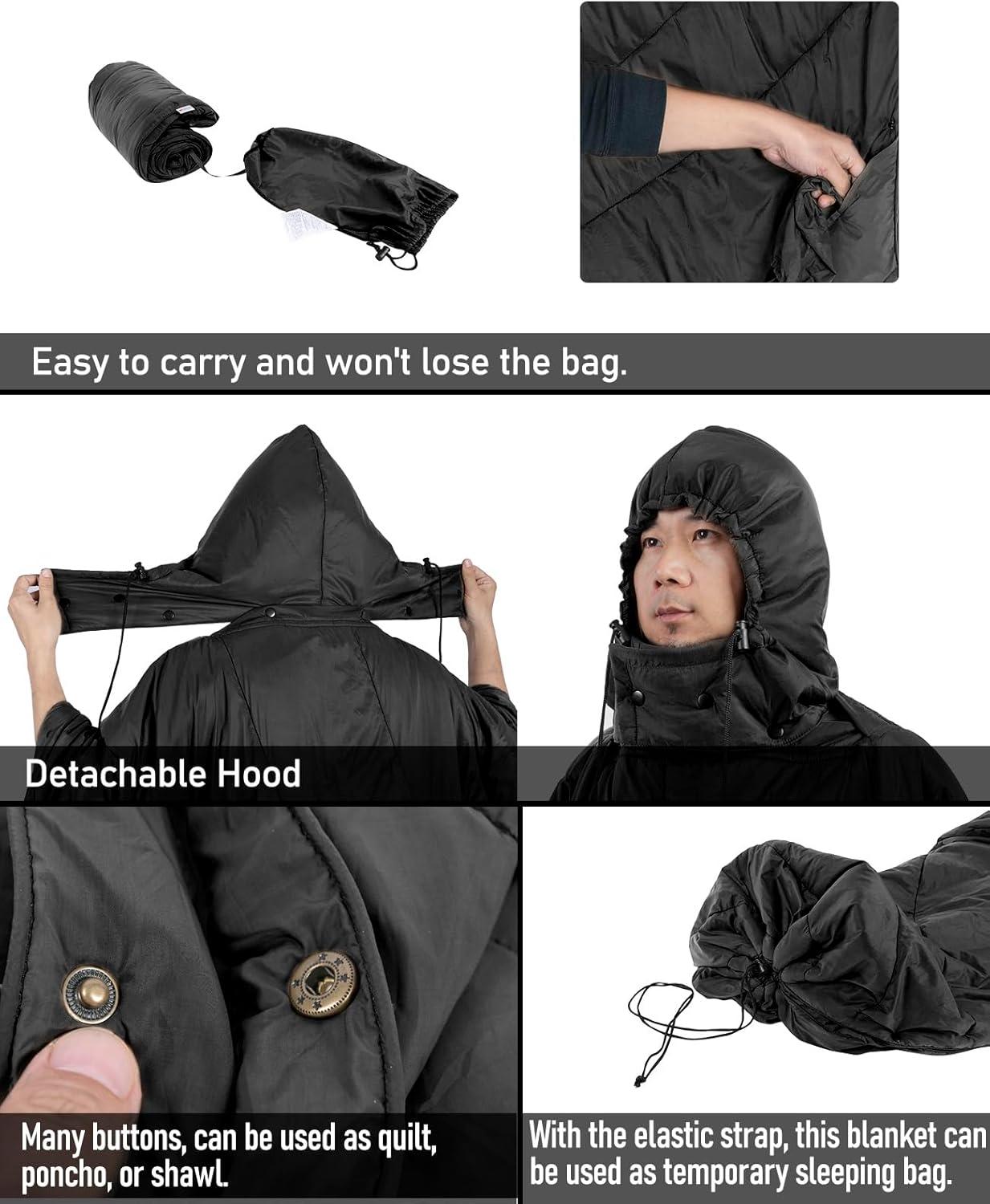 image:imageiClimb Hooded 3M Thinsulate Insulation Warm Camping Blanket Wearable Poncho Ultralight CompactBlack