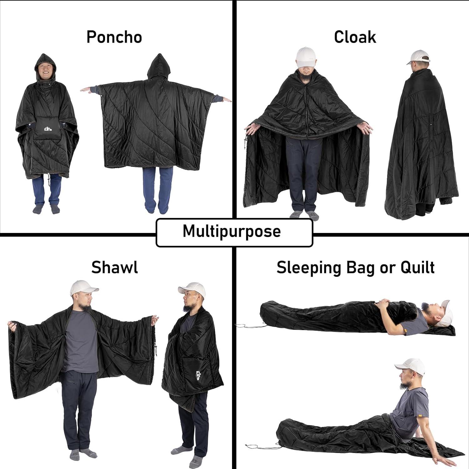 image:imageiClimb Hooded 3M Thinsulate Insulation Warm Camping Blanket Wearable Poncho Ultralight CompactBlack