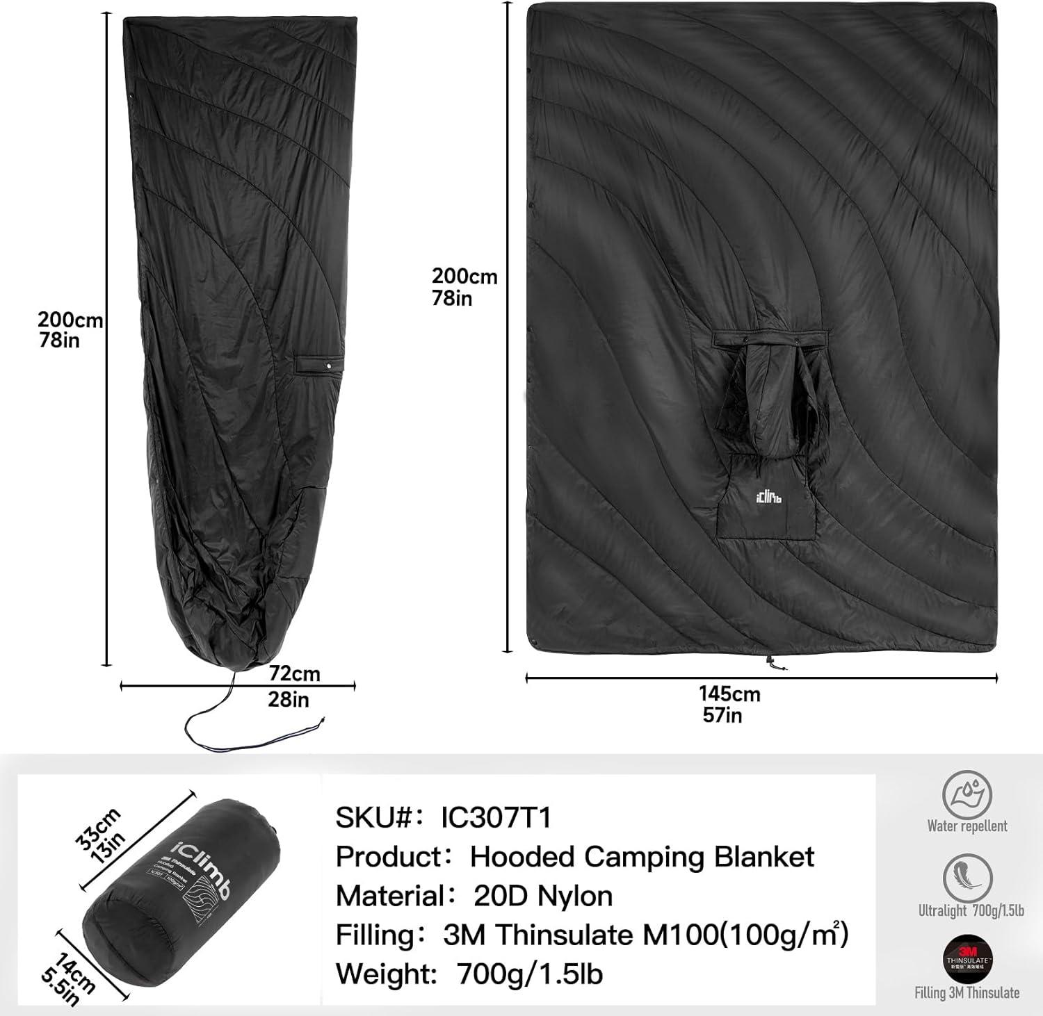image:imageiClimb Hooded 3M Thinsulate Insulation Warm Camping Blanket Wearable Poncho Ultralight CompactBlack