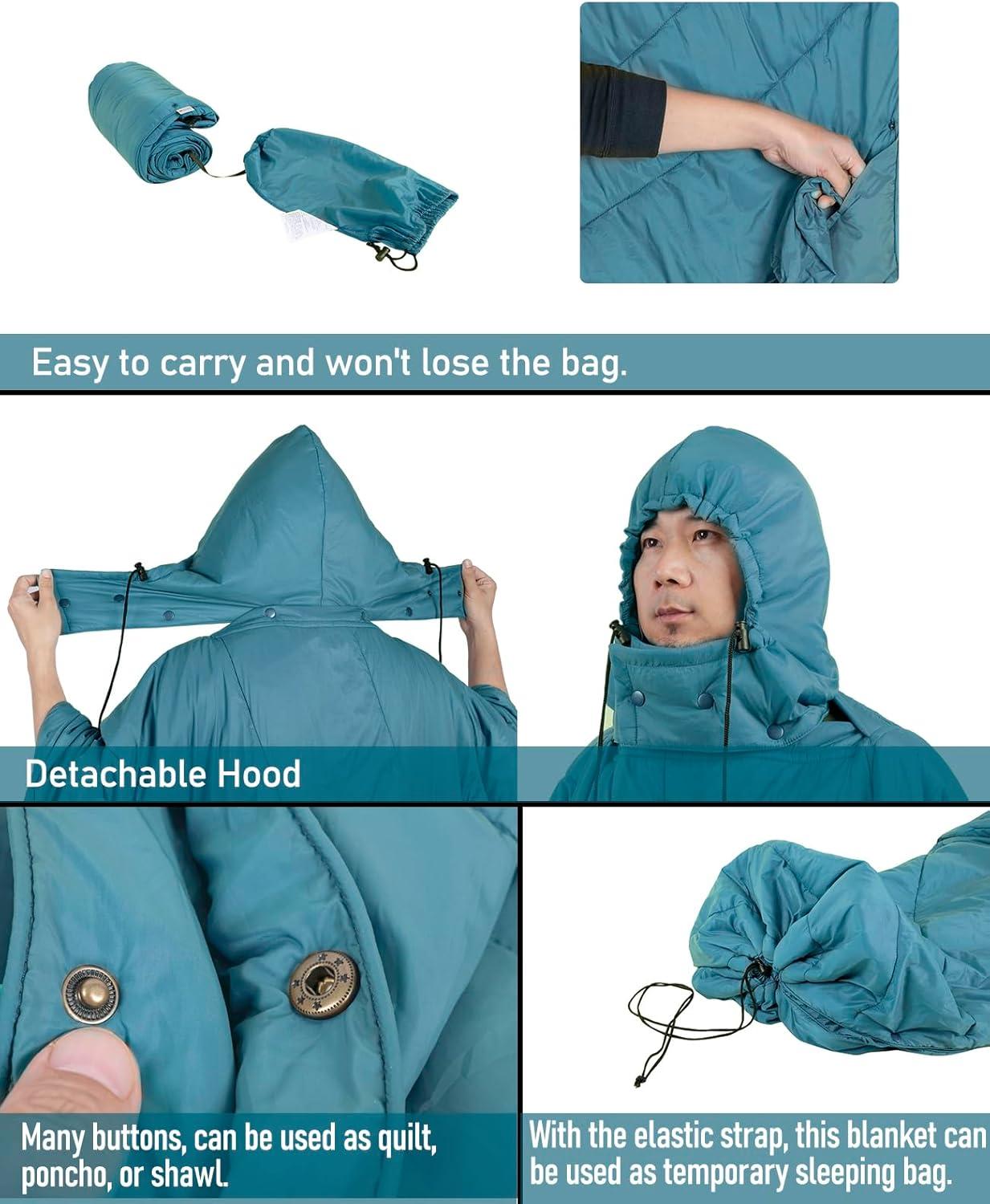 image:imageiClimb Hooded 3M Thinsulate Insulation Warm Camping Blanket Wearable Poncho Ultralight CompactBlue