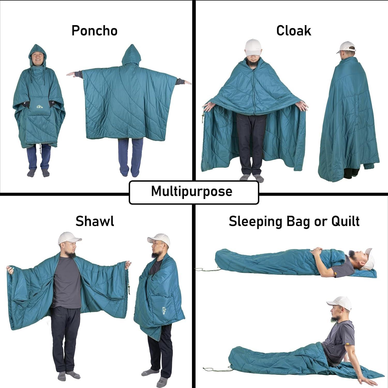 image:imageiClimb Hooded 3M Thinsulate Insulation Warm Camping Blanket Wearable Poncho Ultralight CompactBlue