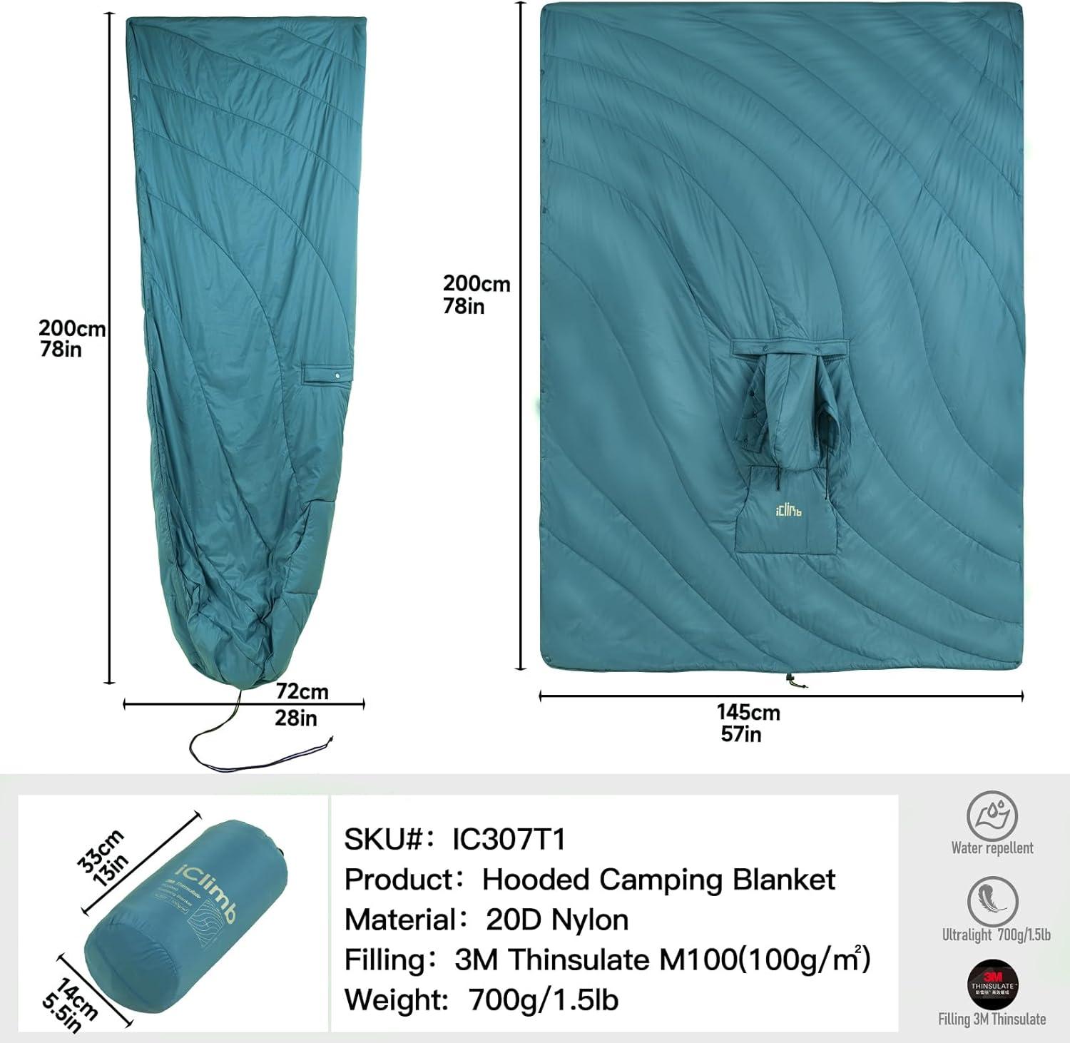 image:imageiClimb Hooded 3M Thinsulate Insulation Warm Camping Blanket Wearable Poncho Ultralight CompactBlue