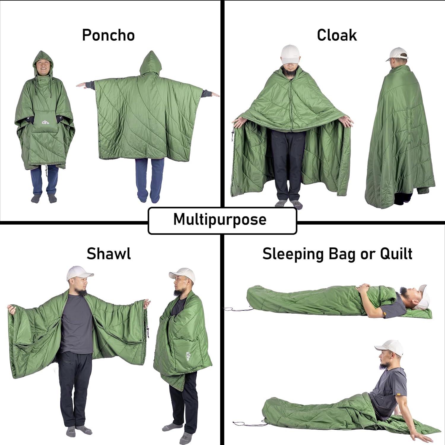 image:imageiClimb Hooded 3M Thinsulate Insulation Warm Camping Blanket Wearable Poncho Ultralight CompactGreen