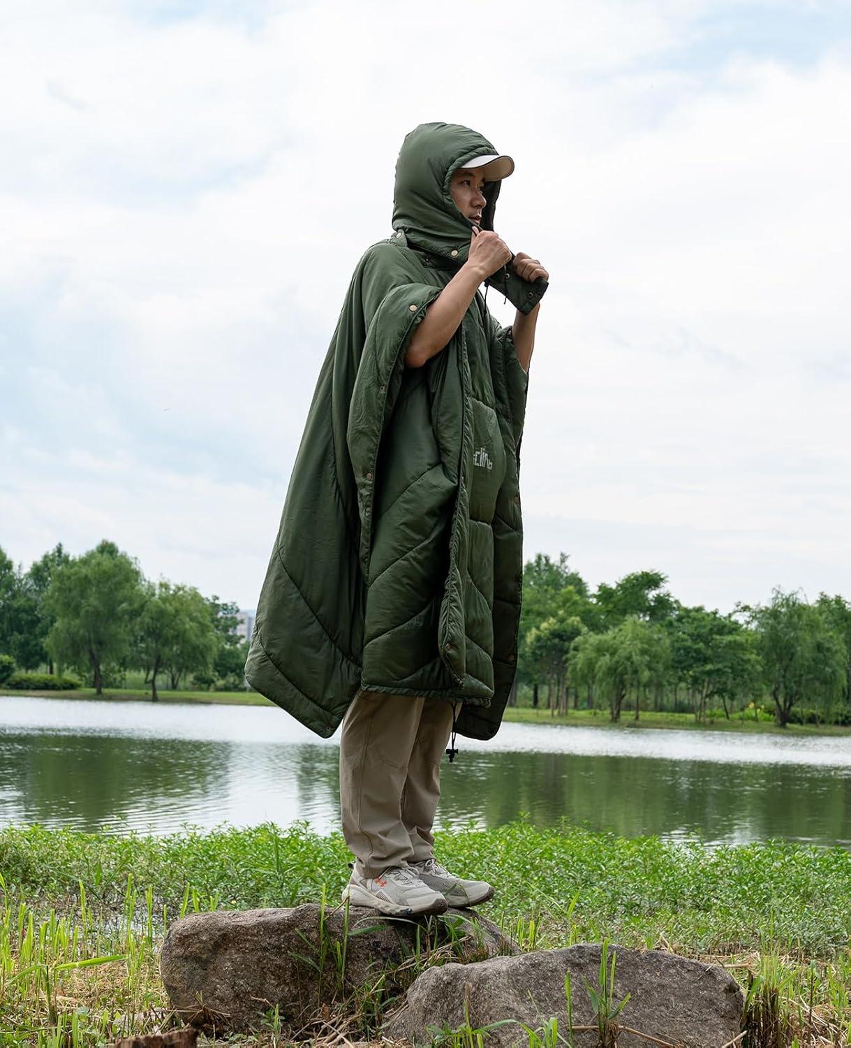 image:imageiClimb Hooded 3M Thinsulate Insulation Warm Camping Blanket Wearable Poncho Ultralight CompactGreen