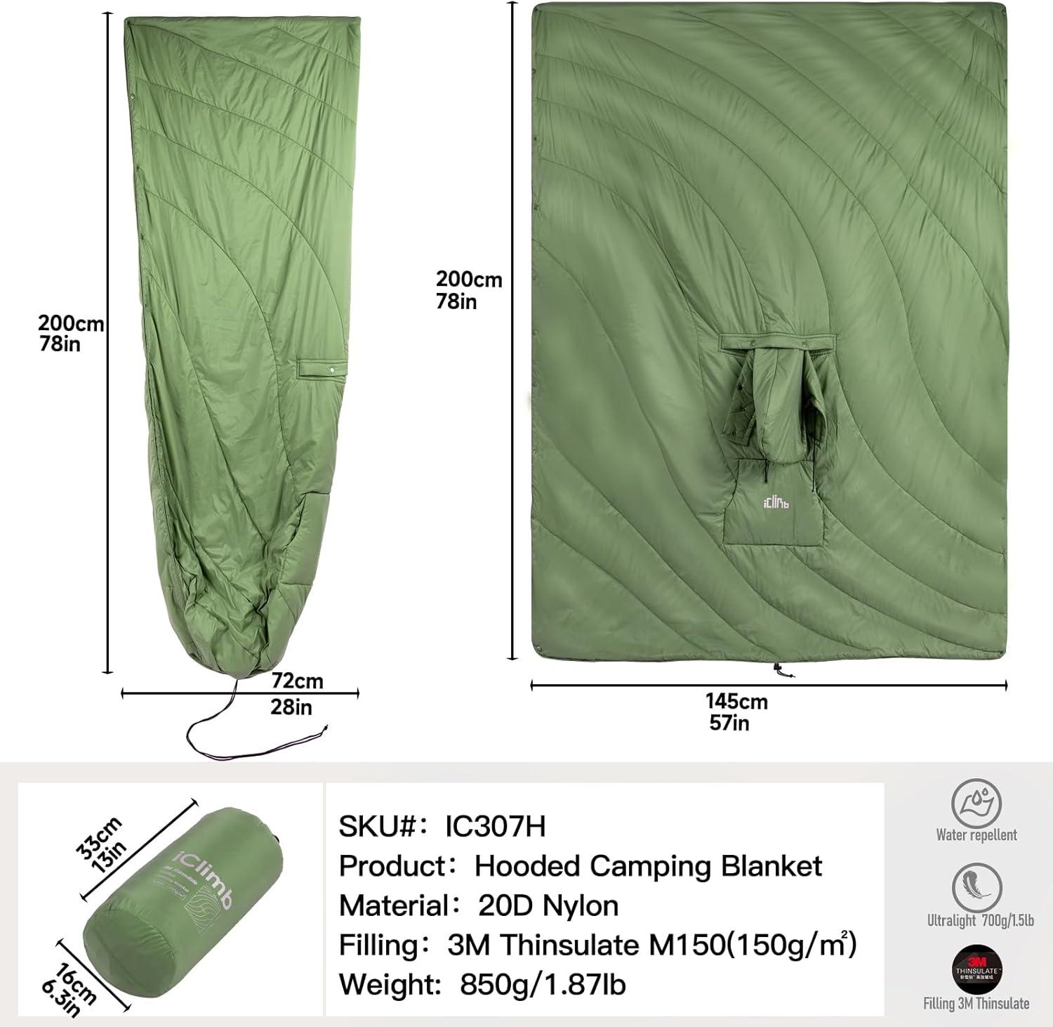 image:imageiClimb Hooded 3M Thinsulate Insulation Warm Camping Blanket Wearable Poncho Ultralight CompactGreen