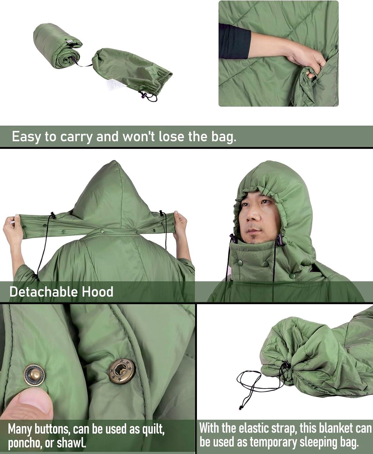 image:imageiClimb Hooded 3M Thinsulate Insulation Warm Camping Blanket Wearable Poncho Ultralight CompactGreen