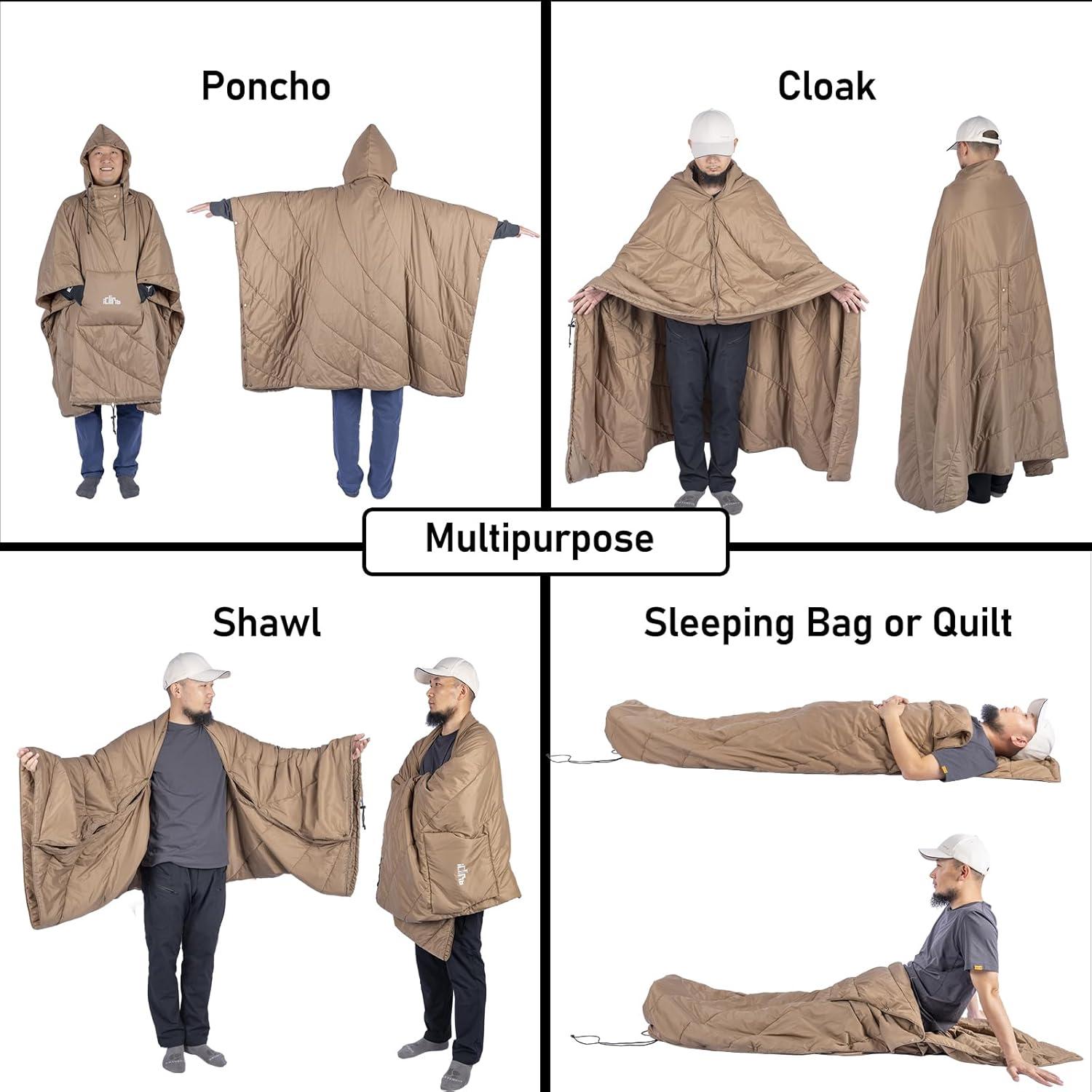image:imageiClimb Hooded 3M Thinsulate Insulation Warm Camping Blanket Wearable Poncho Ultralight CompactKhaki