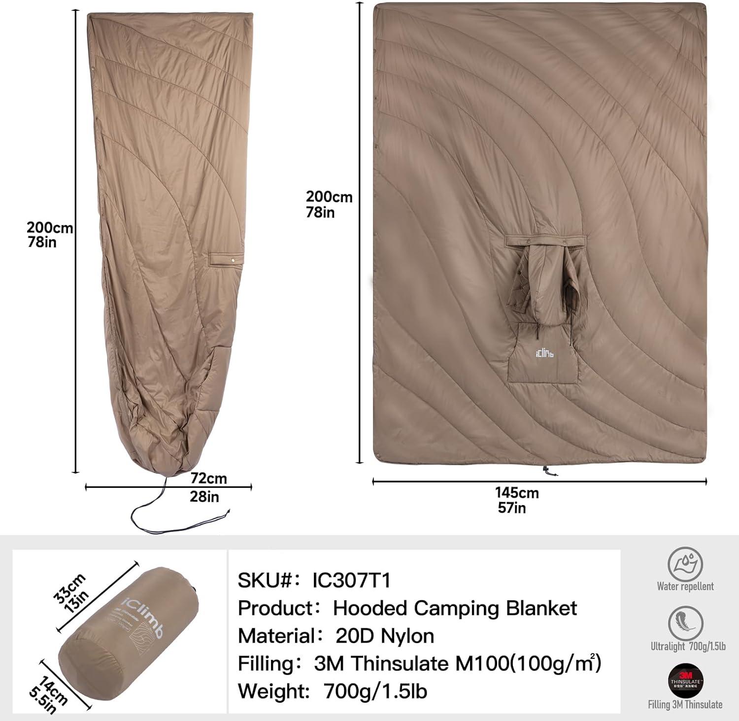 image:imageiClimb Hooded 3M Thinsulate Insulation Warm Camping Blanket Wearable Poncho Ultralight CompactKhaki