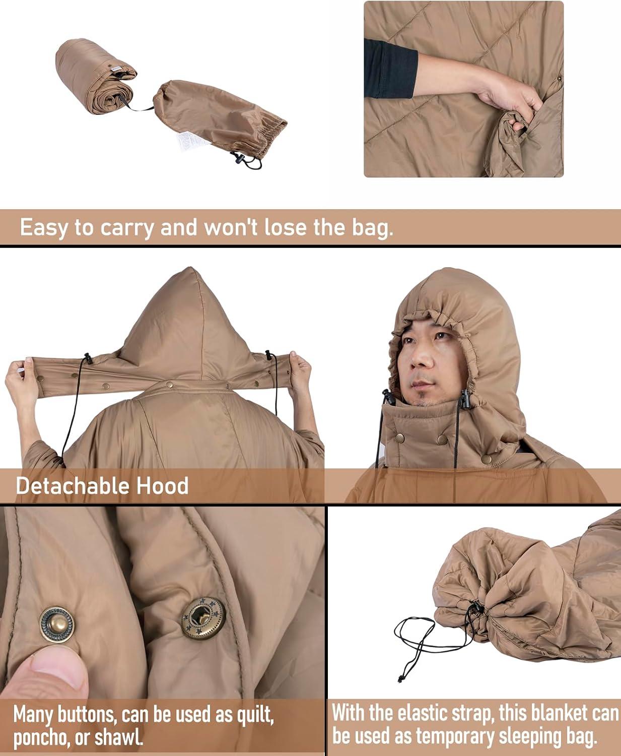 image:imageiClimb Hooded 3M Thinsulate Insulation Warm Camping Blanket Wearable Poncho Ultralight CompactKhaki