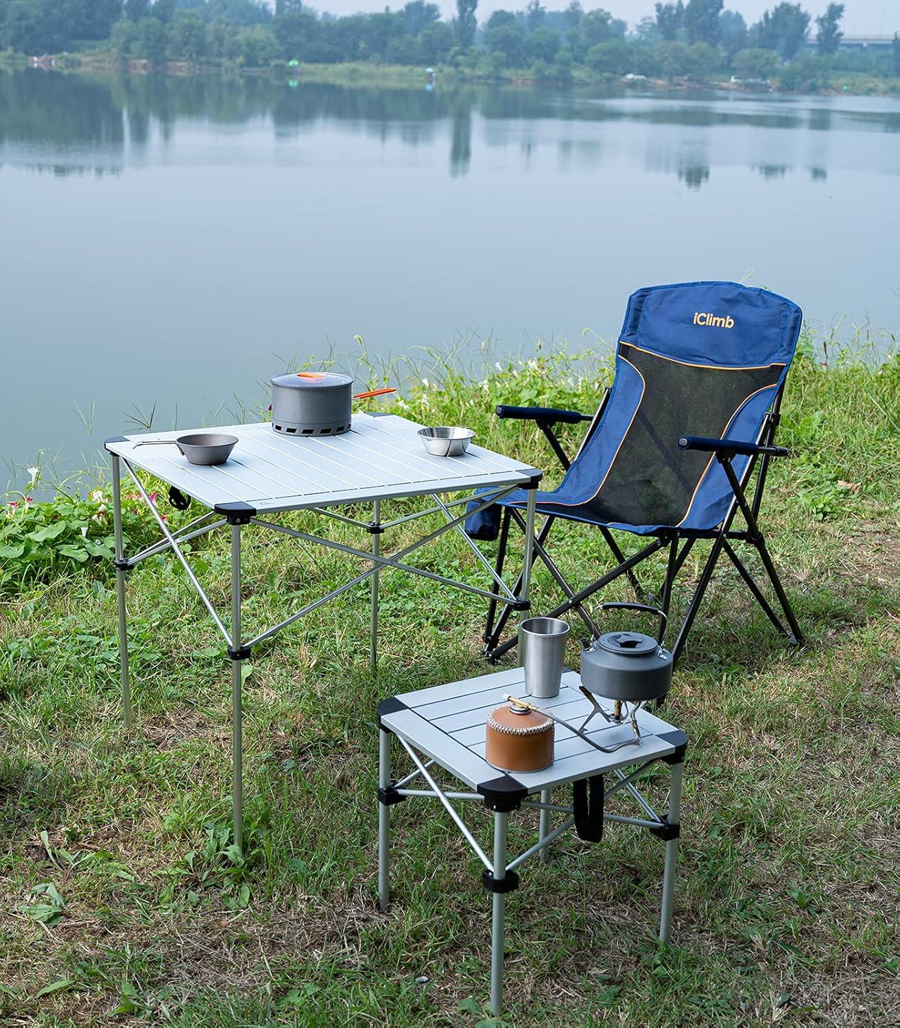 image:imageiClimb Lightweight Stable Alu Folding Square Table Roll Up Top with Carry Bag for Camping Picnic Backyards BBQ Camp Kitchen Silver MAlu Silver