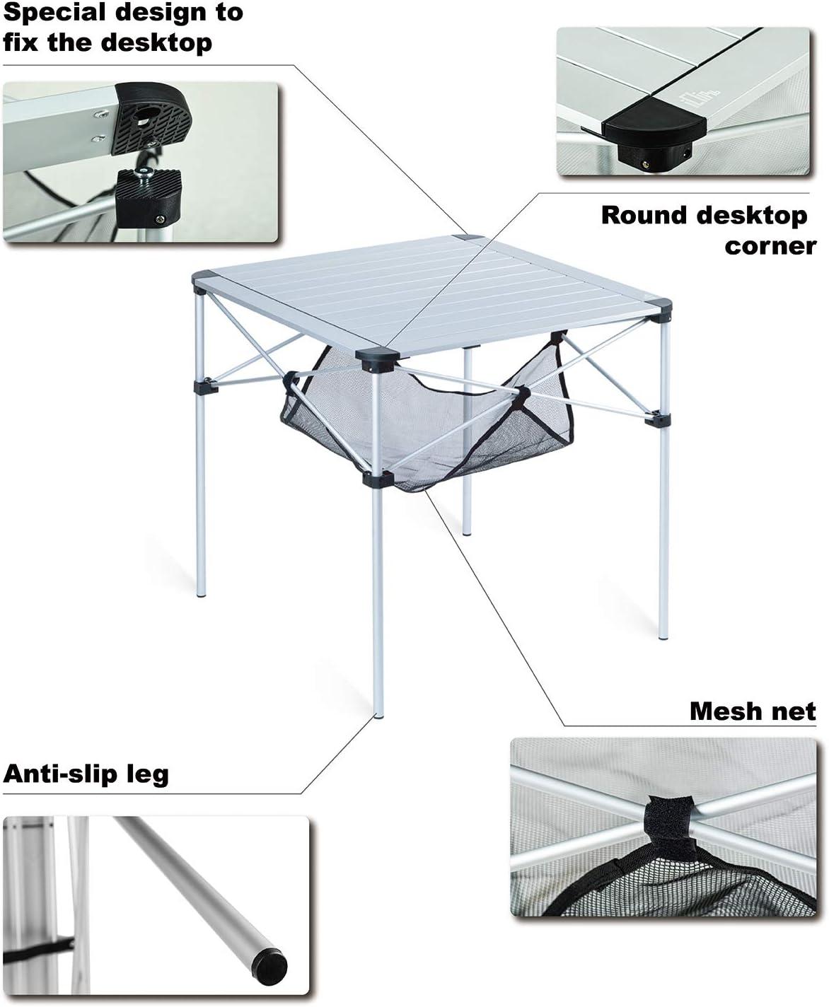 image:imageiClimb Lightweight Stable Alu Folding Square Table Roll Up Top with Carry Bag for Camping Picnic Backyards BBQ Camp Kitchen Silver MAlu Silver