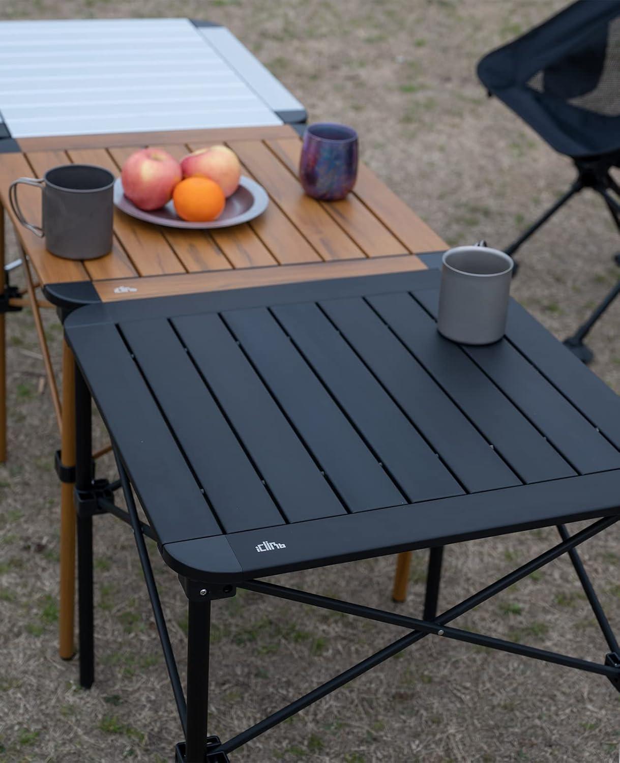 image:imageiClimb Lightweight Stable Alu Folding Square Table Roll Up Top with Carry Bag for Camping Picnic Backyards BBQ Camp Kitchen Silver MDark Black