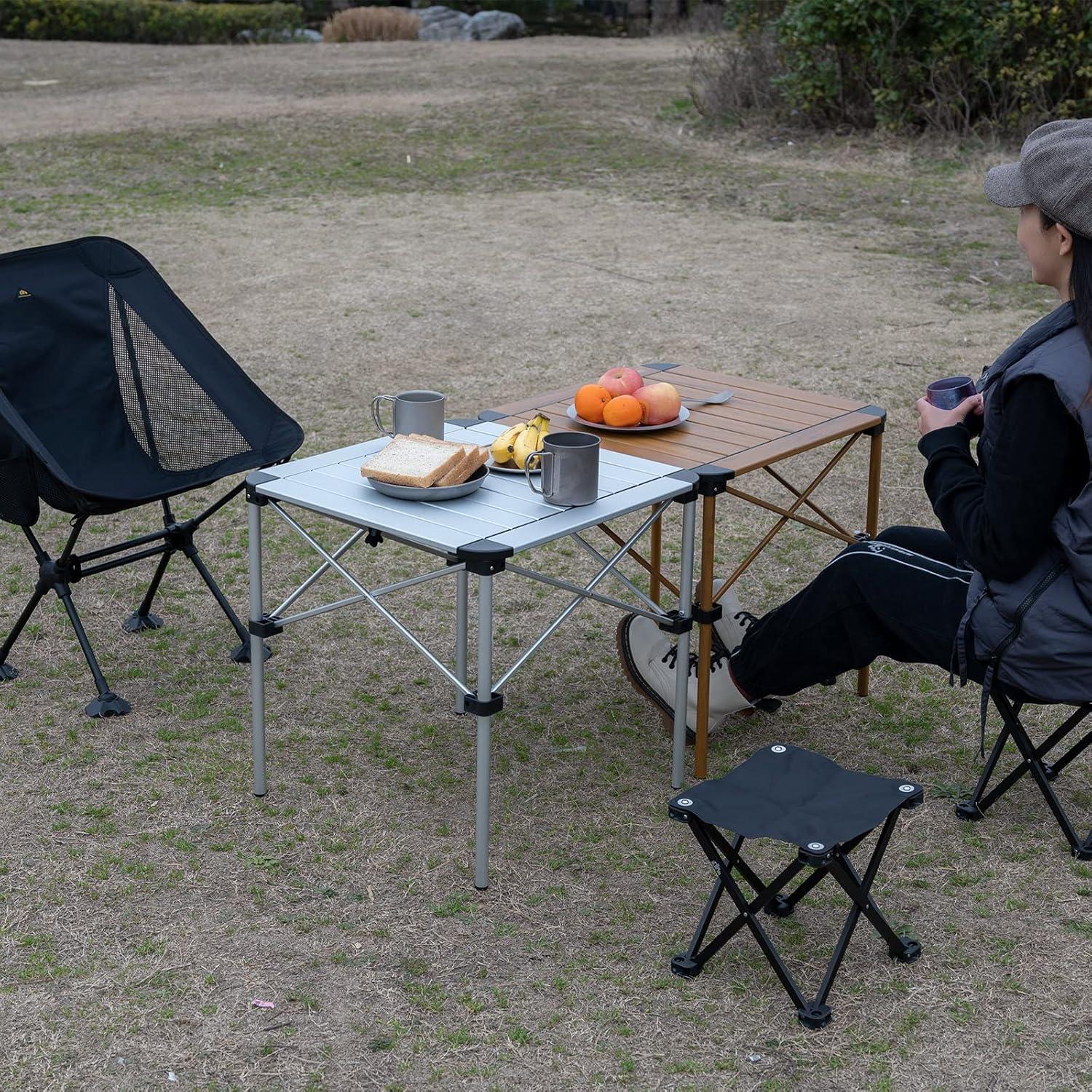 image:imageiClimb Lightweight Stable Alu Folding Square Table Roll Up Top with Carry Bag for Camping Picnic Backyards BBQ Camp Kitchen Silver MDark Black
