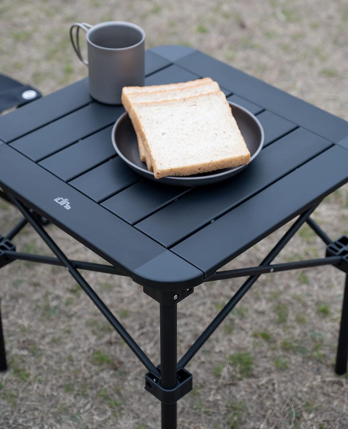 image:imageiClimb Lightweight Stable Alu Folding Square Table Roll Up Top with Carry Bag for Camping Picnic Backyards BBQ Camp Kitchen Silver MDark Black