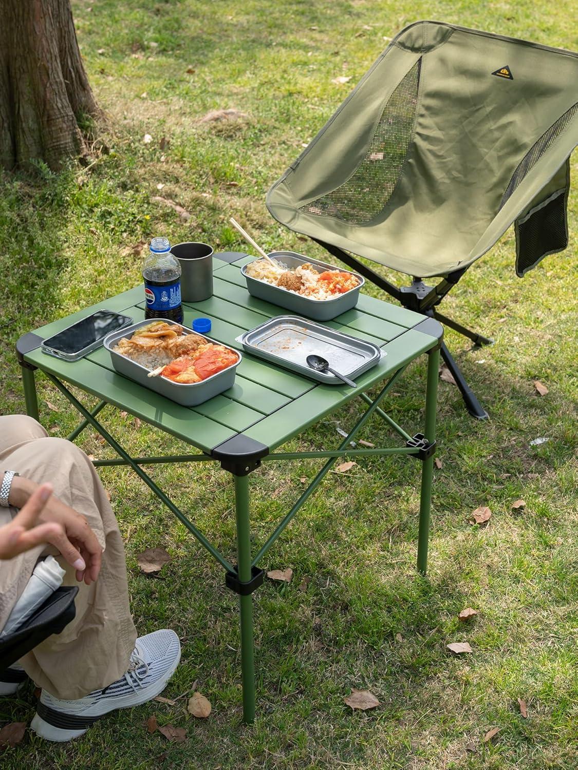 image:imageiClimb Lightweight Stable Alu Folding Square Table Roll Up Top with Carry Bag for Camping Picnic Backyards BBQ Camp Kitchen Silver MGreen