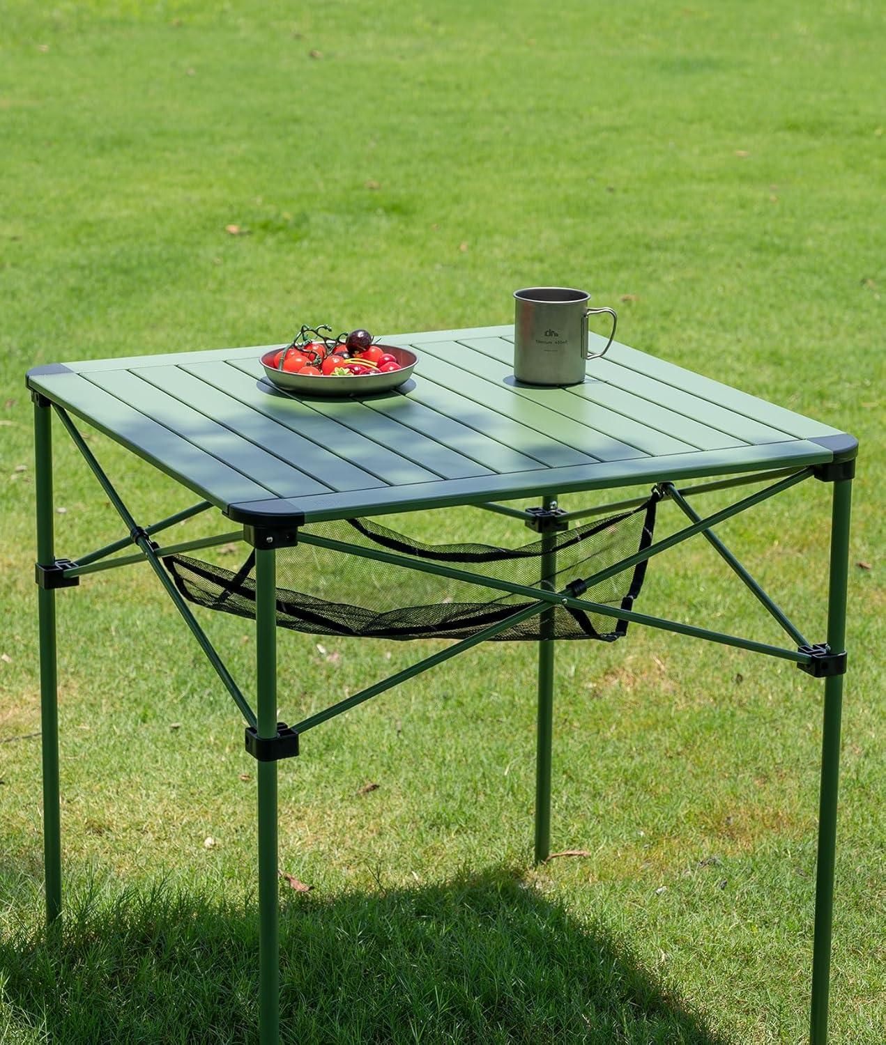 image:imageiClimb Lightweight Stable Alu Folding Square Table Roll Up Top with Carry Bag for Camping Picnic Backyards BBQ Camp Kitchen Silver MGreen