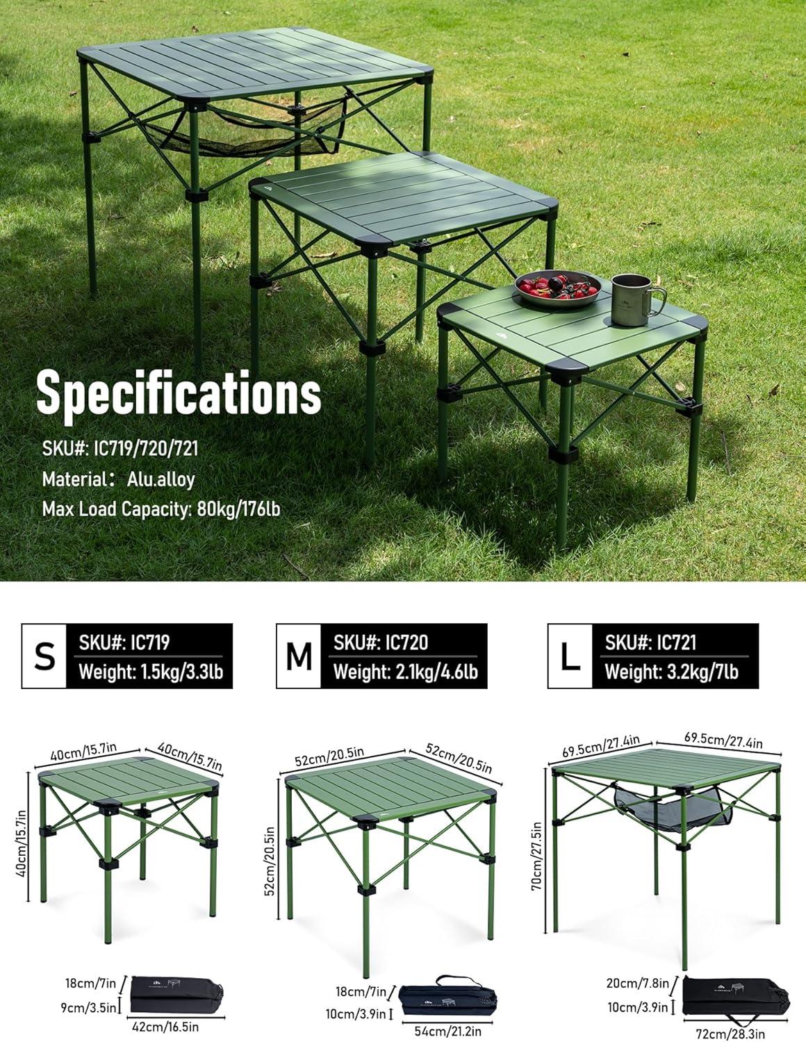 image:imageiClimb Lightweight Stable Alu Folding Square Table Roll Up Top with Carry Bag for Camping Picnic Backyards BBQ Camp Kitchen Silver MGreen