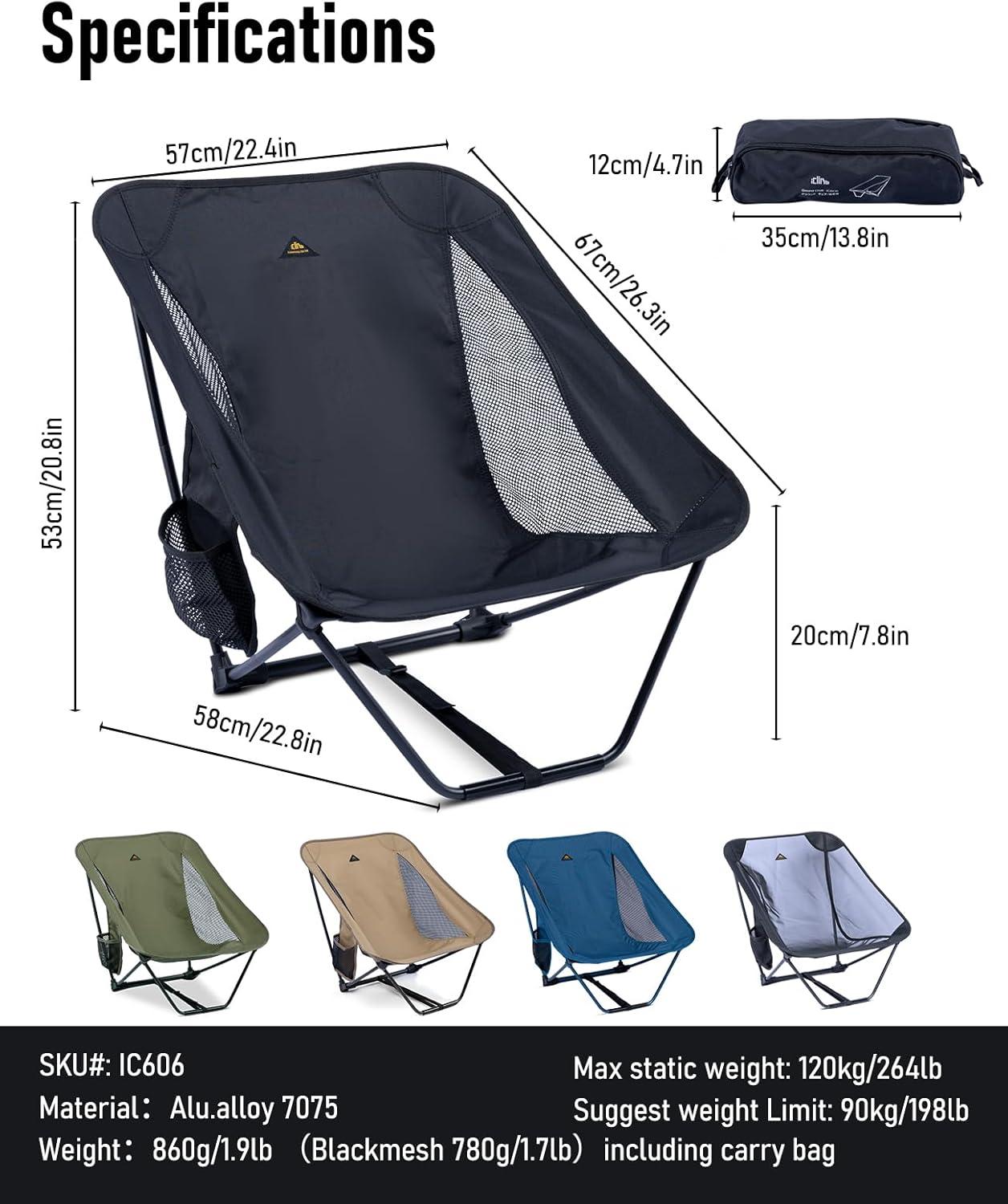 image:imageiClimb Low Ultralight Compact Camping Folding Chair with Side Pocket and Carry Bag Black GridBlack