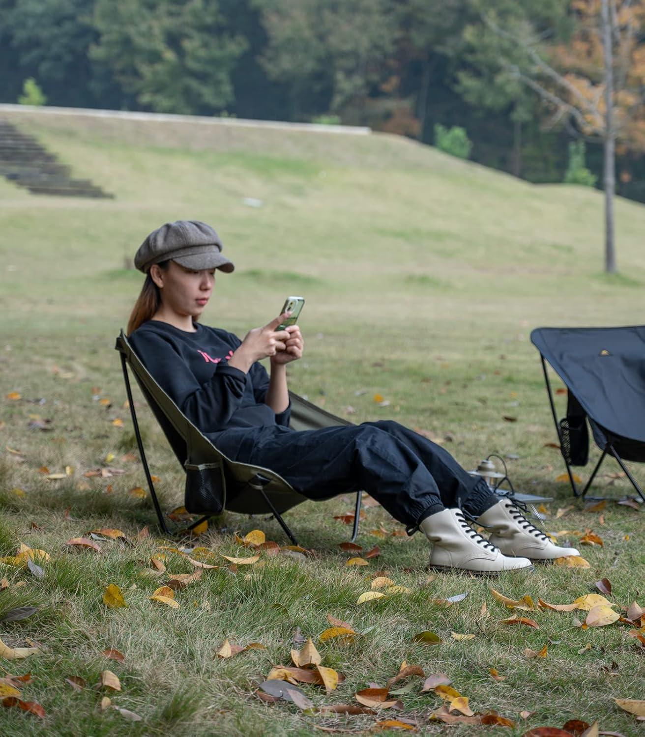 image:imageiClimb Low Ultralight Compact Camping Folding Chair with Side Pocket and Carry Bag Black GridBlue