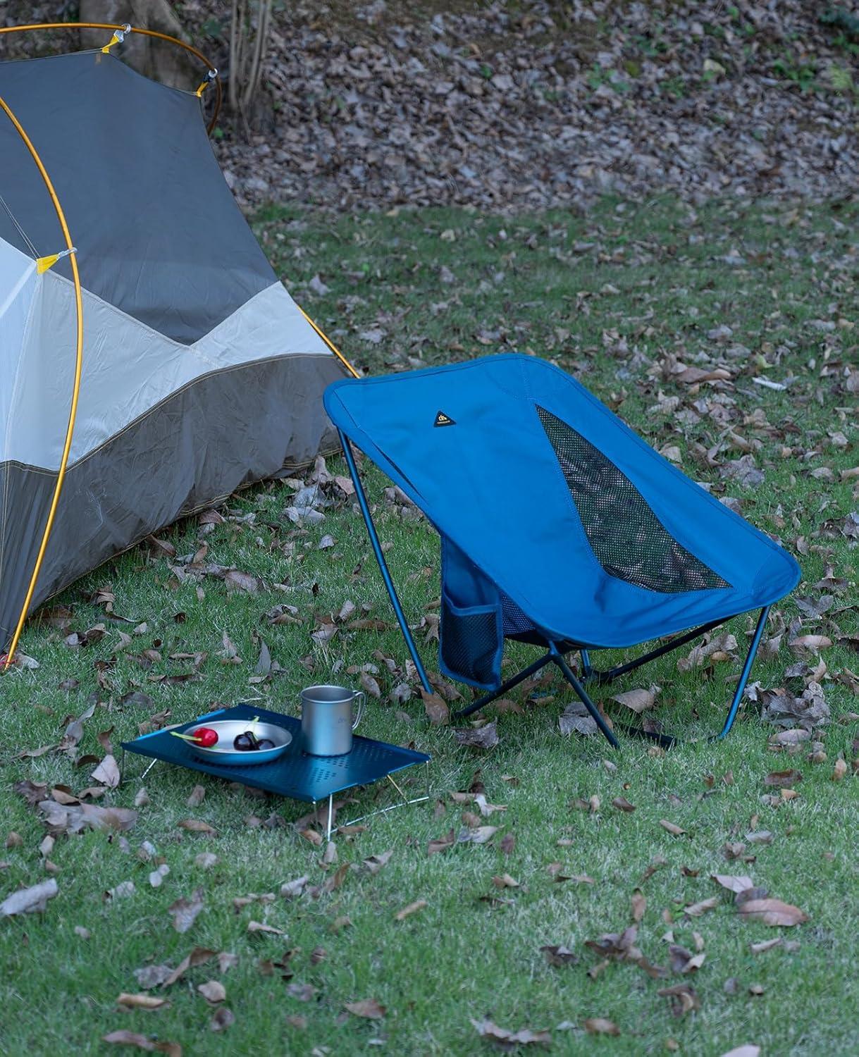 image:imageiClimb Low Ultralight Compact Camping Folding Chair with Side Pocket and Carry Bag Black GridBlue