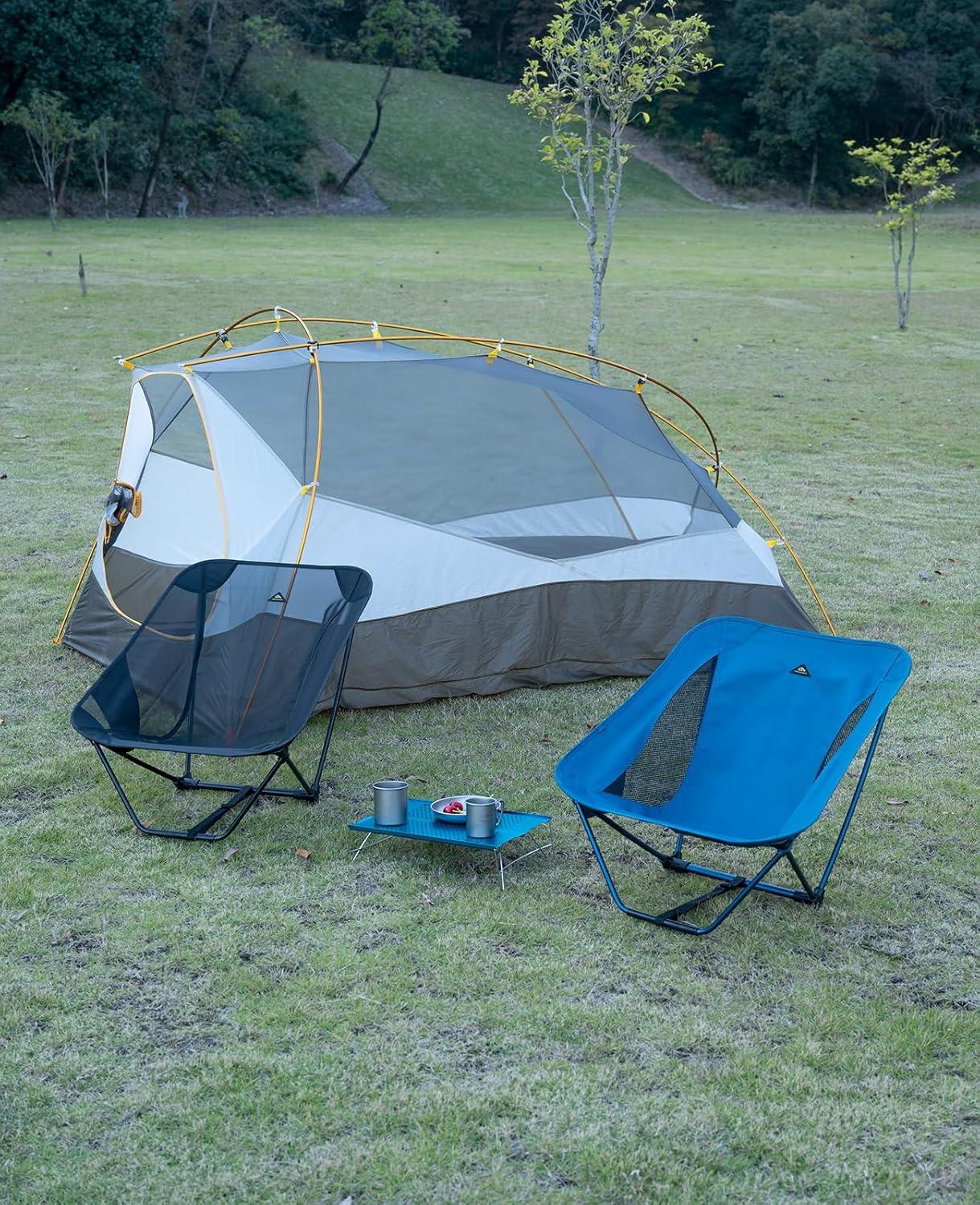 image:imageiClimb Low Ultralight Compact Camping Folding Chair with Side Pocket and Carry Bag Black GridBlue