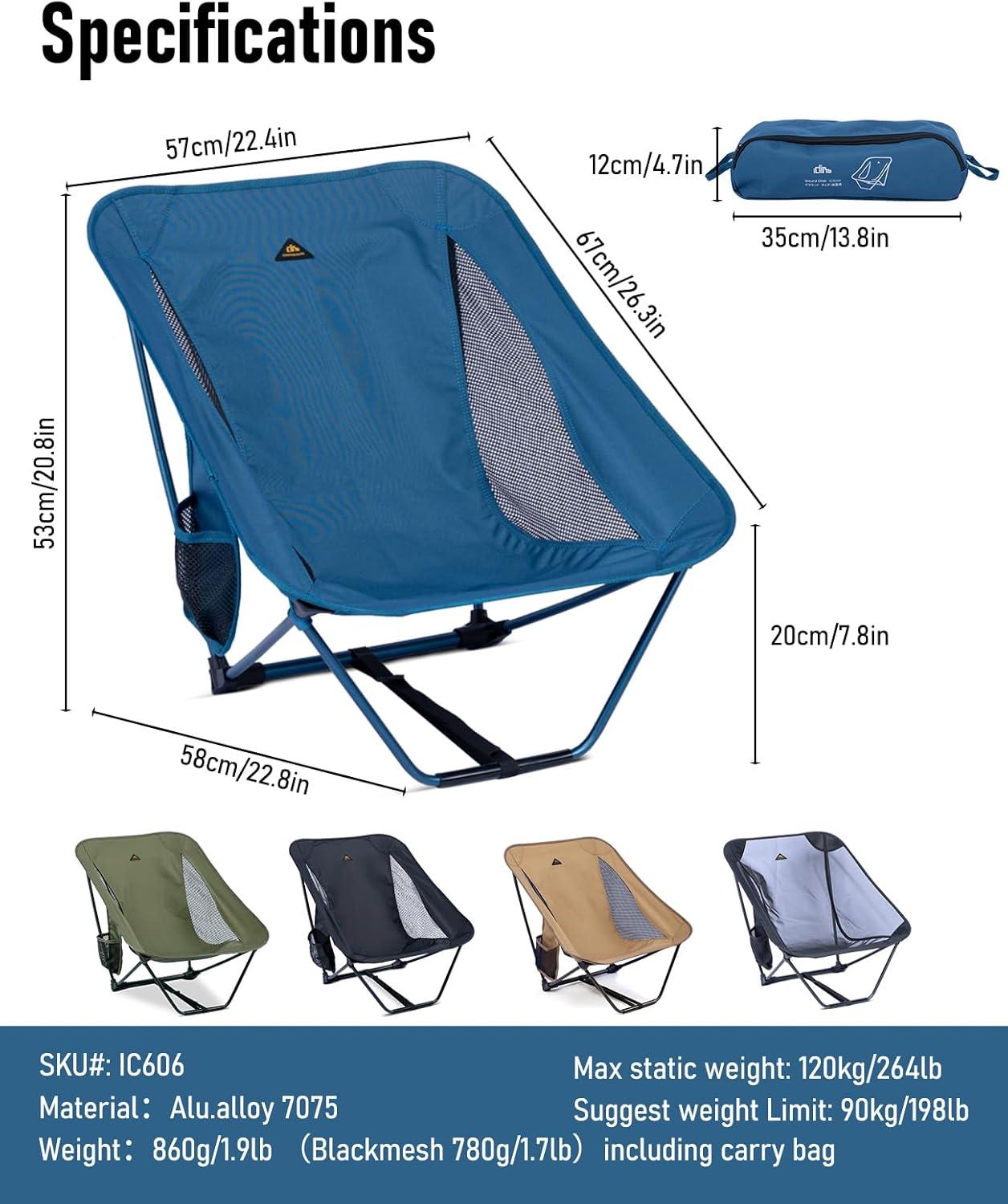 image:imageiClimb Low Ultralight Compact Camping Folding Chair with Side Pocket and Carry Bag Black GridBlue